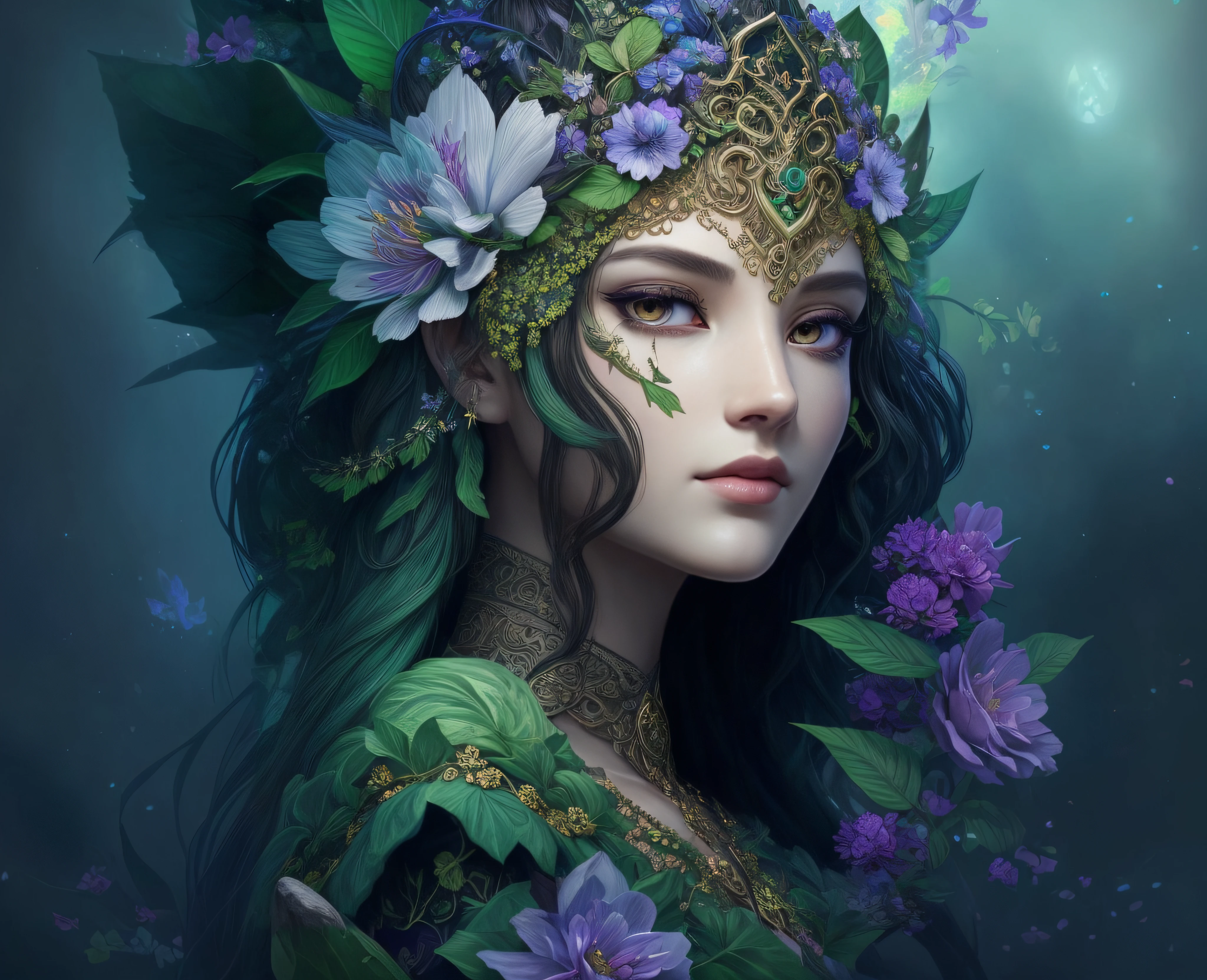 a close up of a woman with flowers in her hair, detailed matte fantasy portrait, beautiful fantasy art portrait, fantasy art style, beautiful fantasy portrait, 4k fantasy art, detailed fantasy art, fantasy art portrait, detailed fantasy digital art, portrait of an elf queen, beautiful and elegant elf queen, 8k high quality detailed art, fantasy portrait art, fantasy art behance
