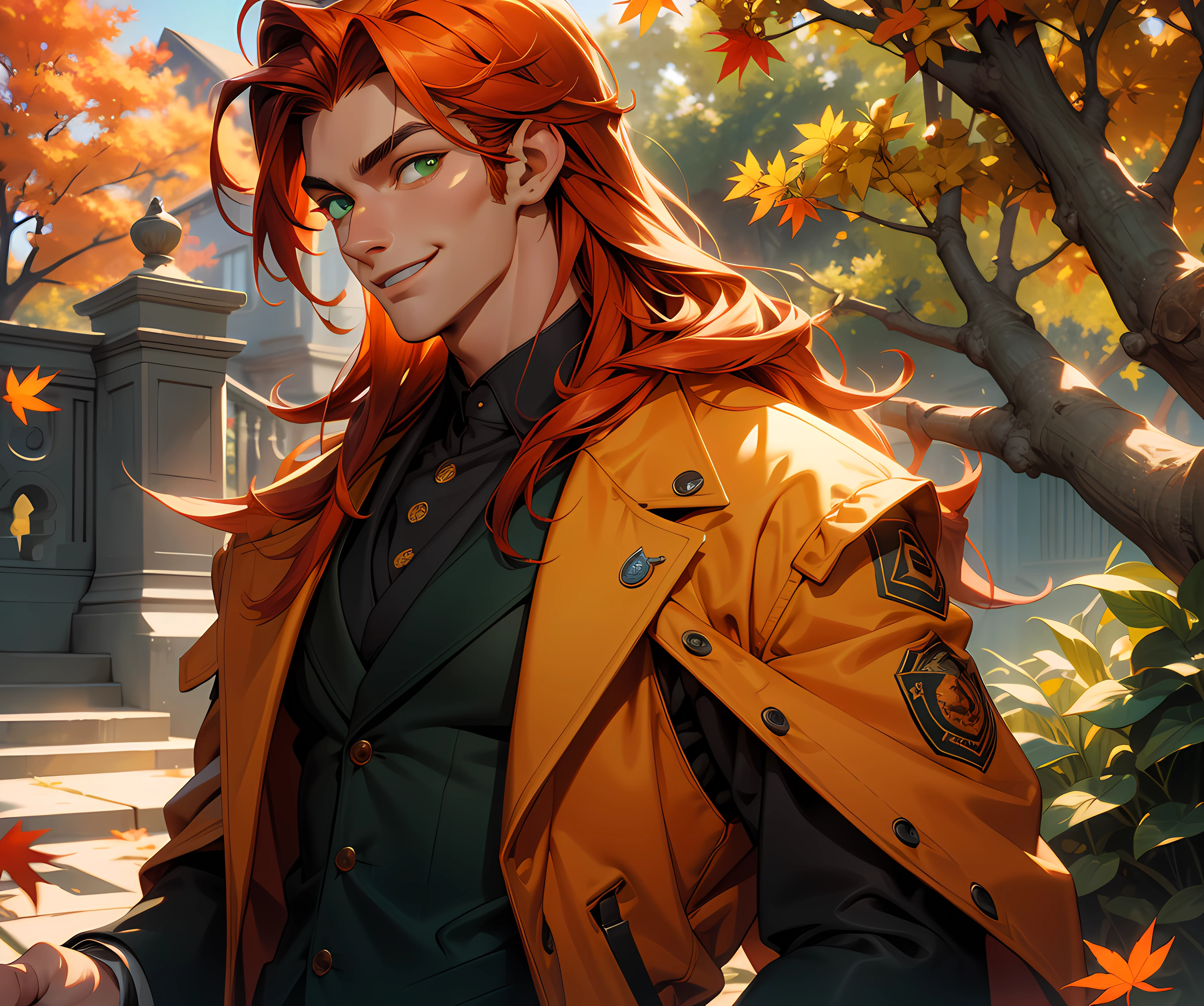 (absurdres, highres, ultra detailed), 1 male, adult, handsome, tall, long orange hair, finely detailed green eyes and detailed face, black suit, red coat, smile, outdoor, autumn, sunlight, ray tracing, 8k resolution