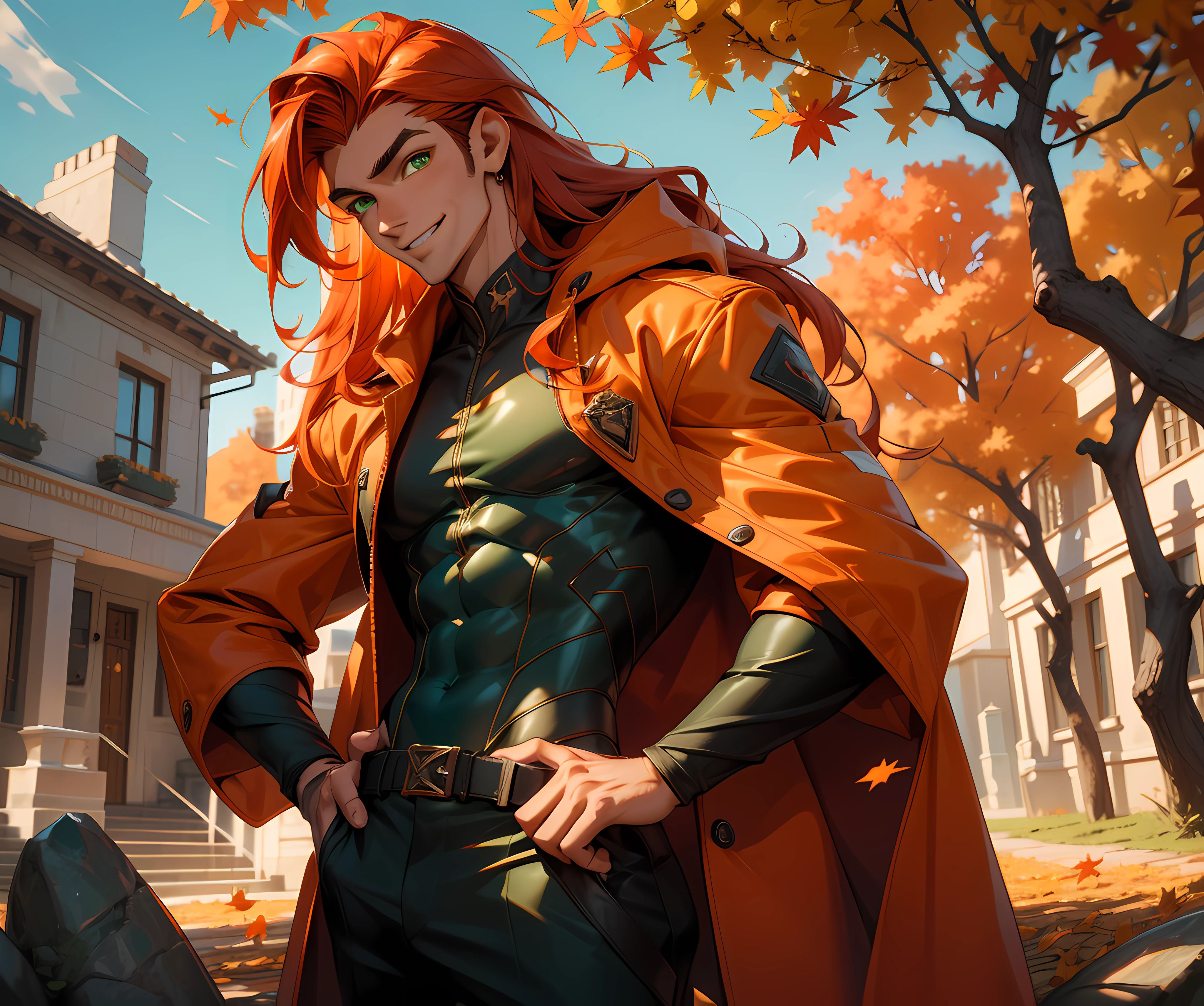 (absurdres, highres, ultra detailed), 1 male, adult, handsome, tall, long orange hair, finely detailed green eyes and detailed face, black suit, red coat, smile, outdoor, autumn, sunlight, ray tracing, 8k resolution