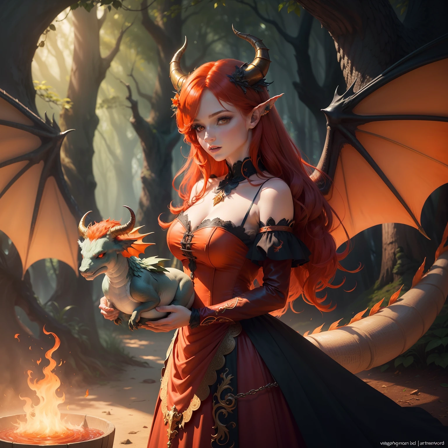 pet animal,magical creatures, magia envolta, fofo, fundo medieval, Floresta, maldade fofa, (Woman with red hair and orange eyes horns on woman and wings and dragon syrup )