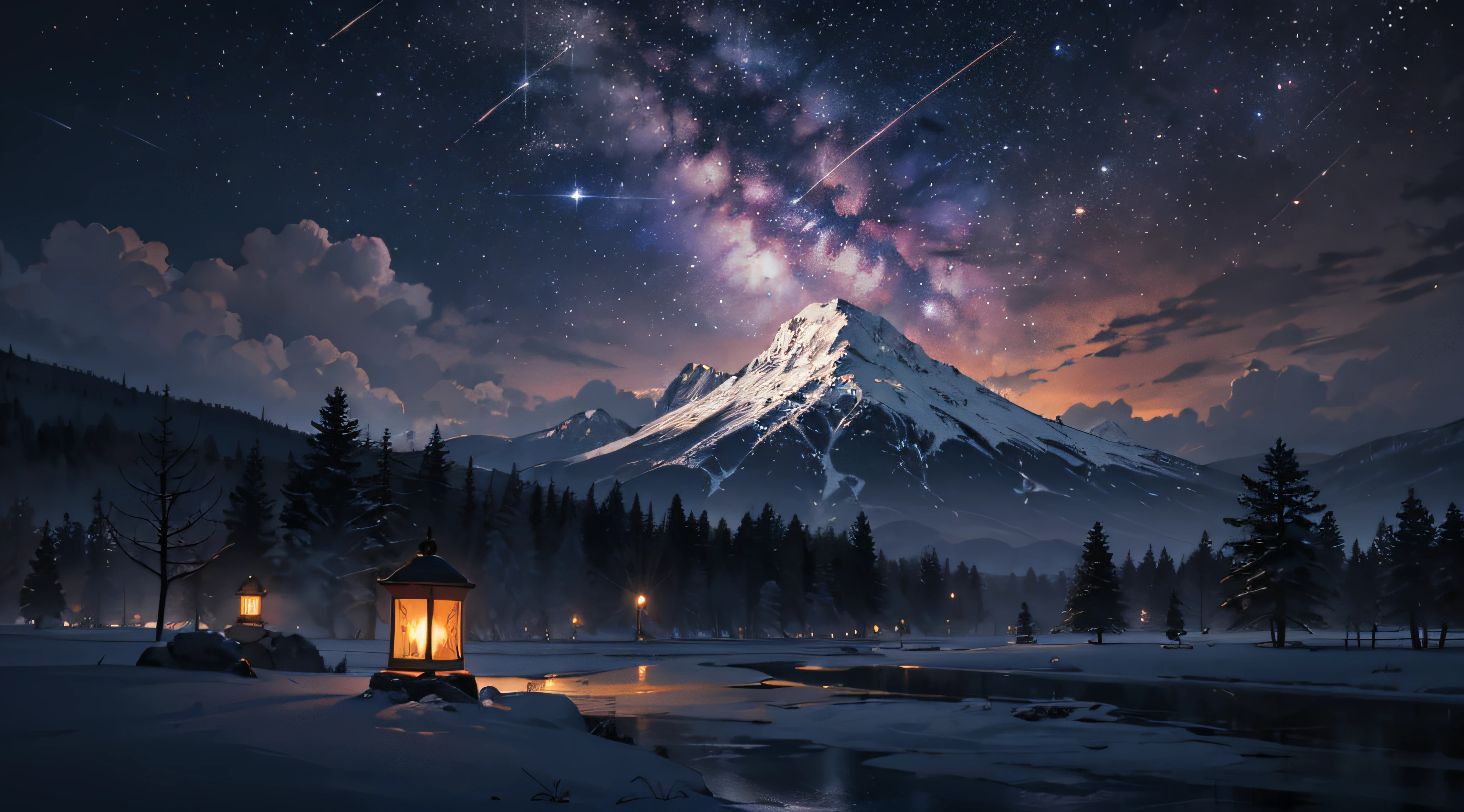 Expansive landscape photograph,(moon full:1.2),(meteors:0.9),(Starcloud:1.3),(Warm light source:1.2),(glowworm:1.2),lamp lights,Lots of purple and orange,Complicated details,Volumetriclighting,Realism BREAK(tmasterpiece:1.2),(best qualtiy),8K,Ultra-detailed,(dynamic compositions:1.4),The is very detailed,Colorful details,(Irridescent color:1.2),(luminouslighting,Atmospheric lighting),dream magical,magical,(独奏:1.2),((best qualtiy)), ((tmasterpiece)), (the detail:1.4),depth of fields,maximum definition and sharpness,perfectly proportions,Fluttering clouds,Wallpapers