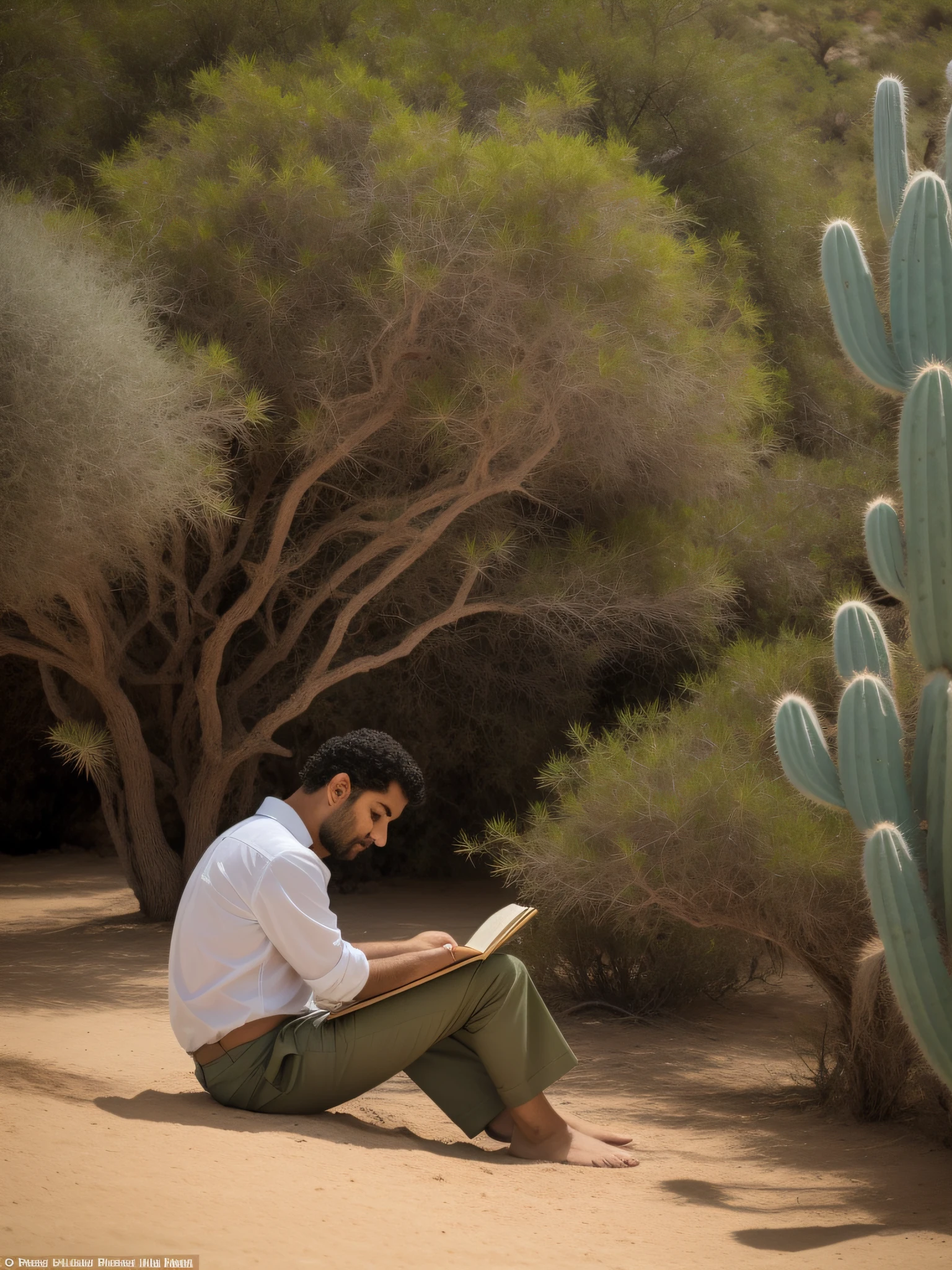 Man sitting on the floor reading a book in front of a cactus, reading under a tree, no deserto ao lado do golfo, amidst nature, standing next to desert oasis, no deserto, arte mista, foto de retrato, Retrato no meio da foto, em um deserto, inspirado em Ahmed Karahisari, no meio do deserto, Ler um livro