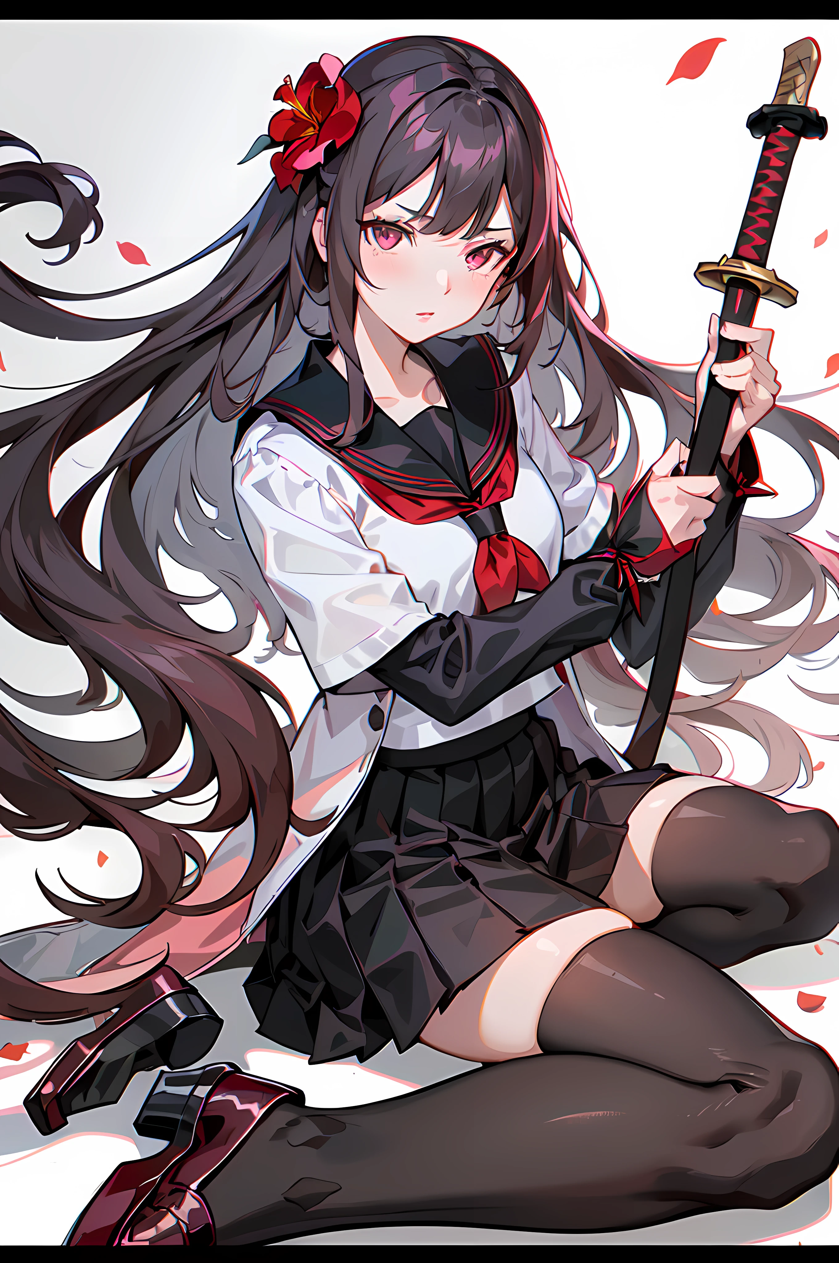 upper body, camellia, flower, red_flower, red_rose, rose, sword, weapon, katana, 1girl, pink_rose, pink_flower, spider_lily, shoes, long_hair, school_uniform, serafuku, sheath, skirt, solo, holding_sword, sheathed, vase, looking_at_viewer, sitting, orange_flower, pleated_skirt, rose_petals, black_shirt, black_legwear, black_skirt, holding_sheath, hibiscus, very_long_hair, parted_lips, loafers, sailor_collar, black_hair, neckerchief,