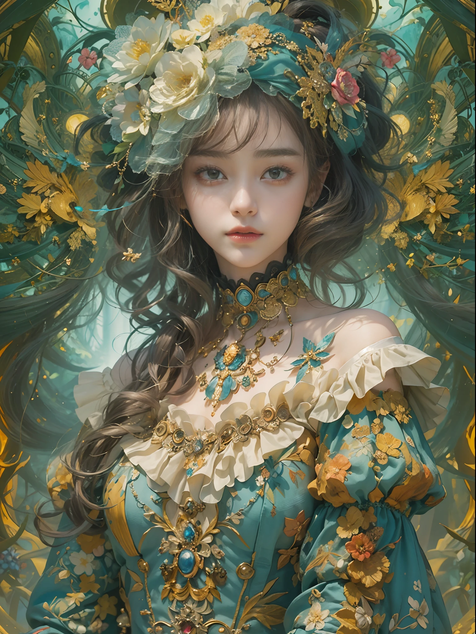 (​masterpiece、top-quality、top-quality、Detailed and complex、Official art、Beautifully Aesthetic:1.3)、(1girl in:1.3)、(Fractal Art:1.3)、colourfull、Vivid、Victorian costume