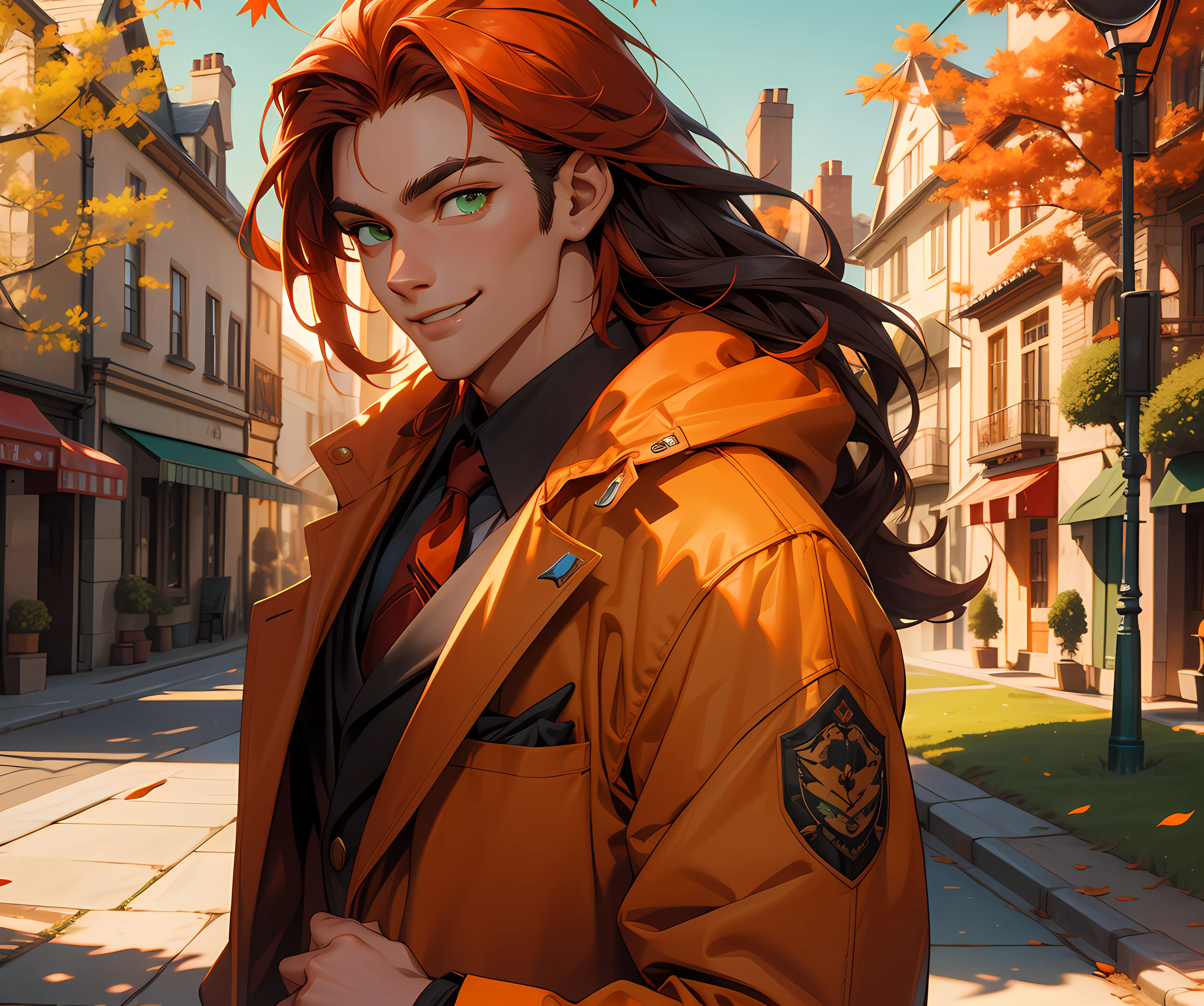 (absurdres, highres, ultra detailed), 1 male, adult, handsome, tall, long orange hair, finely detailed green eyes and detailed face, black suit, red coat, smile, outdoor, autumn, sunlight, ray tracing, 8k resolution