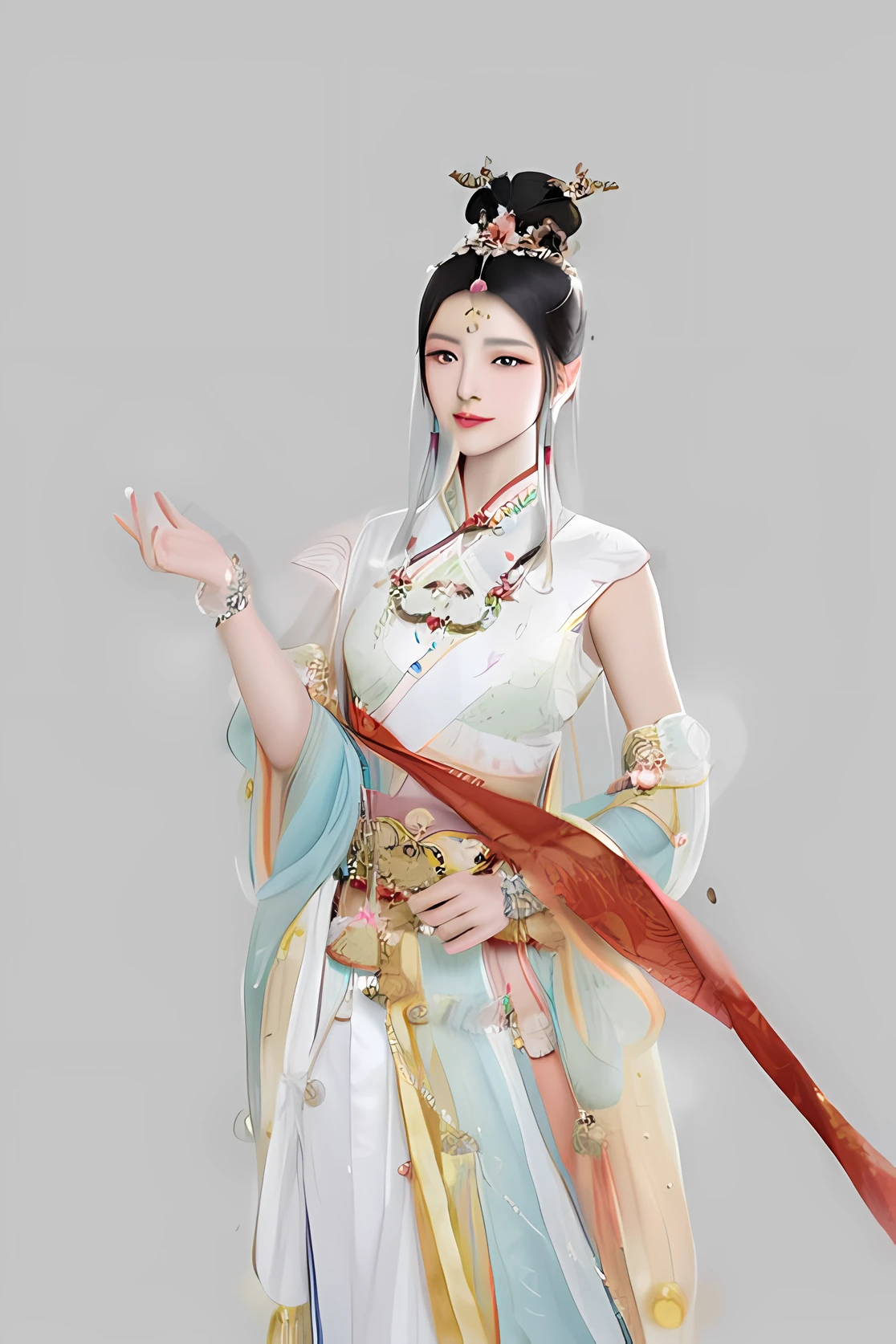 A woman in a costume holds a long red ribbon, full-body xianxia, a beautiful fantasy empress, Wearing ancient Chinese clothes, Princesa chinesa antiga, queen of the sea mu yanling, ancient chinese beauti, Beautiful rendering of the Tang Dynasty, Inspired by Lan Ying, ancient asian dynasty princess, inspired by Du Qiong, Xianxia, Traditional Chinese clothing，highly accurate，4k画质，Real photos，电影灯光