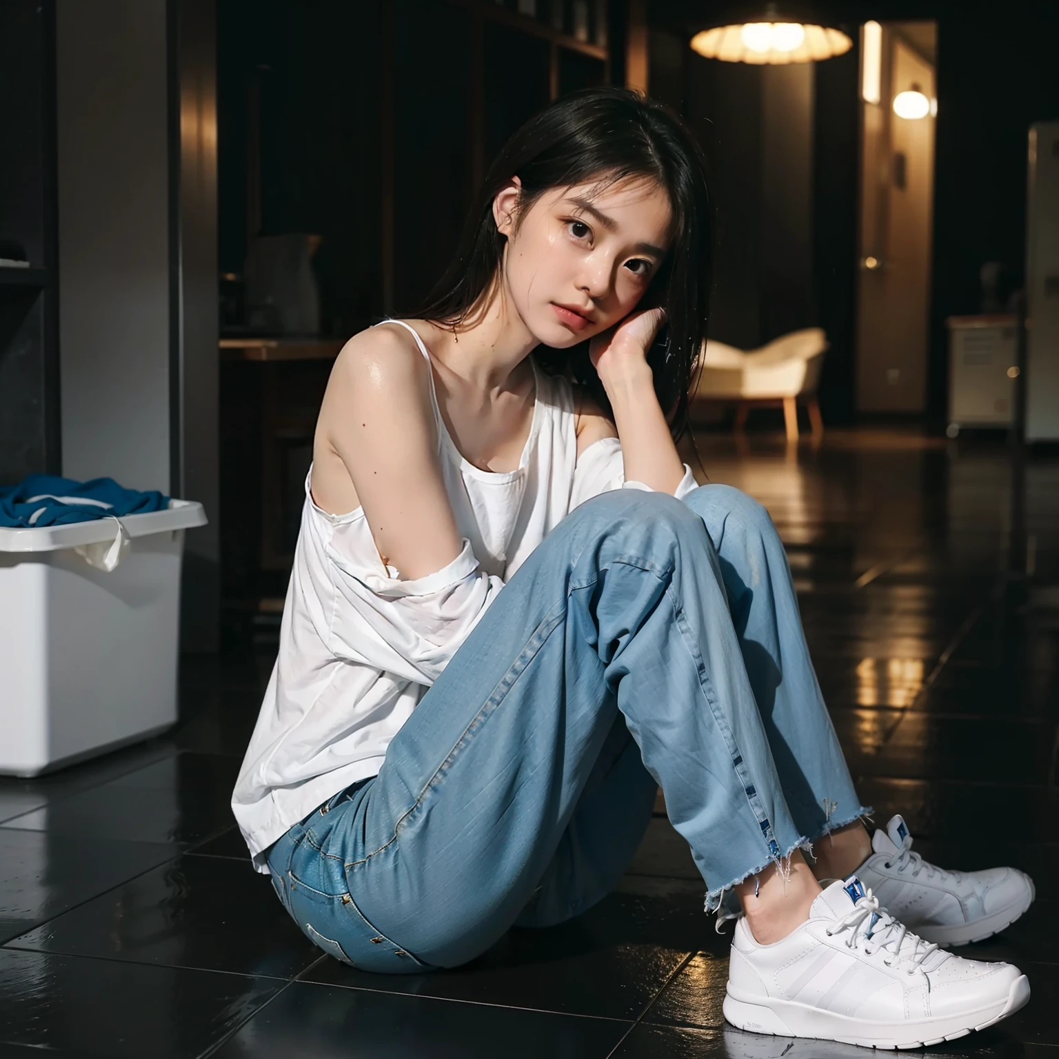 Best Picture Quality， tmasterpiece， 超高分辨率， （fidelity：1.4）， photore， 1 rapariga，white  shirt，worn jeans，White sneakers， dimly lit， darkly， be desperate， pitying， cute little， cinematic ligh， tears， tear drop， （torn laundry：2.0）， （wetclothes：2.0）， exposed bare shoulders， Real rain， Wet hair,..
