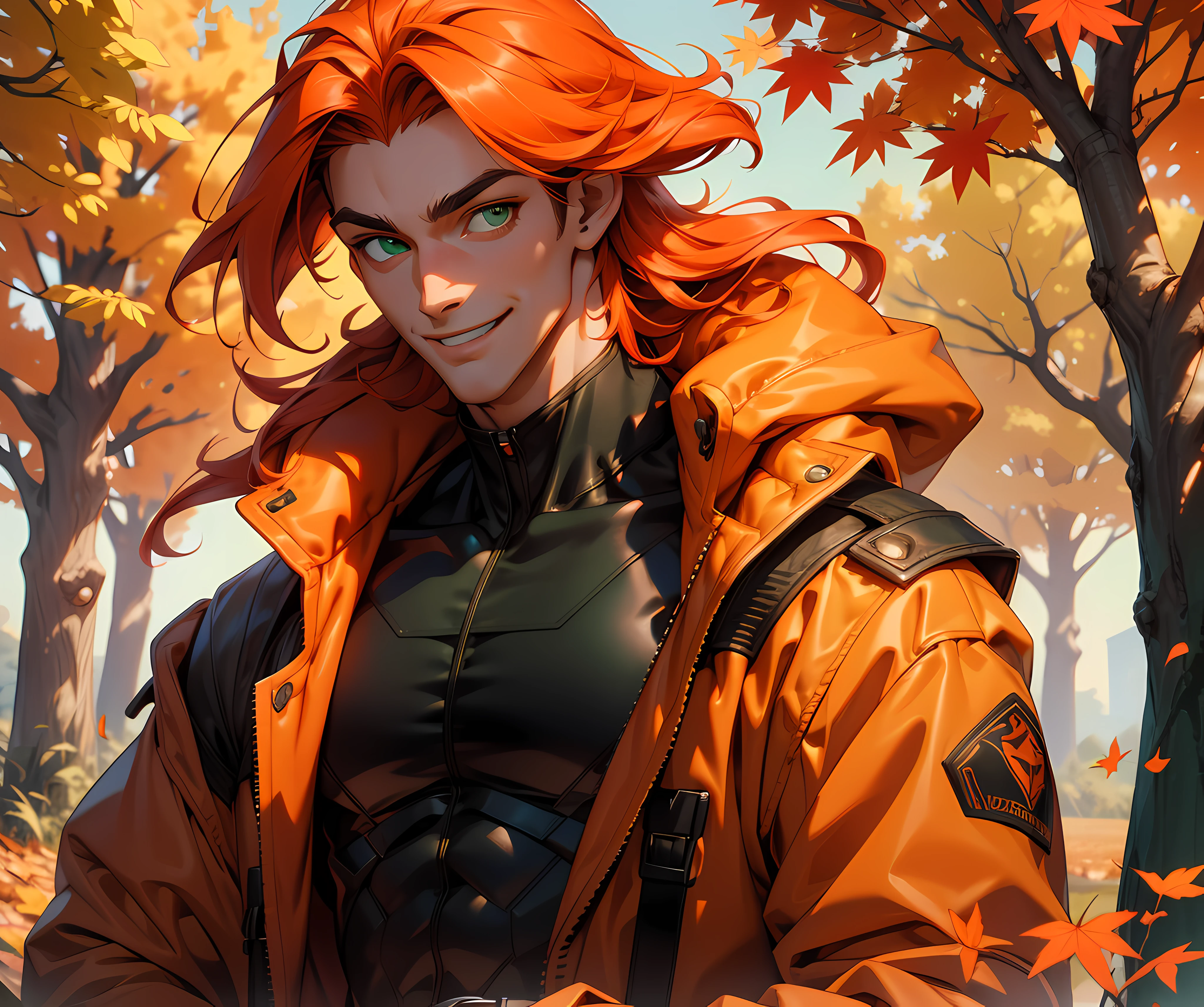 (absurdres, highres, ultra detailed), 1 male, adult, handsome, tall, long orange hair, finely detailed green eyes and detailed face, black suit, red coat, smile, outdoor, autumn, sunlight, ray tracing, 8k resolution