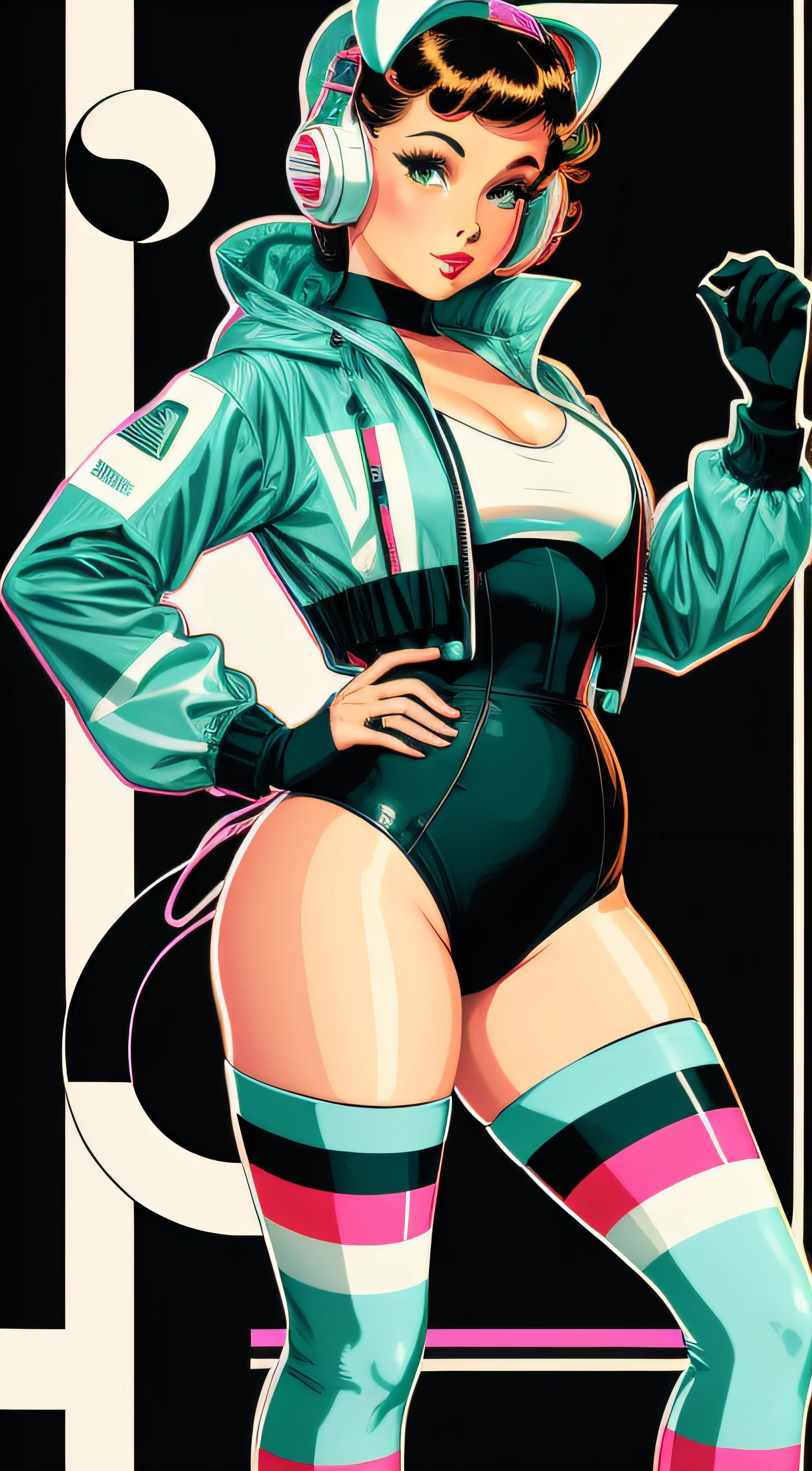 retro scifi art,vintage,1pinup girl with very white techwear clothes,cat,geometric shapes and simple stripes on background