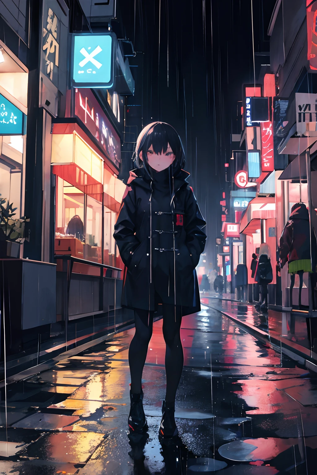 1girl,night city,rain,coat,hands in pockets