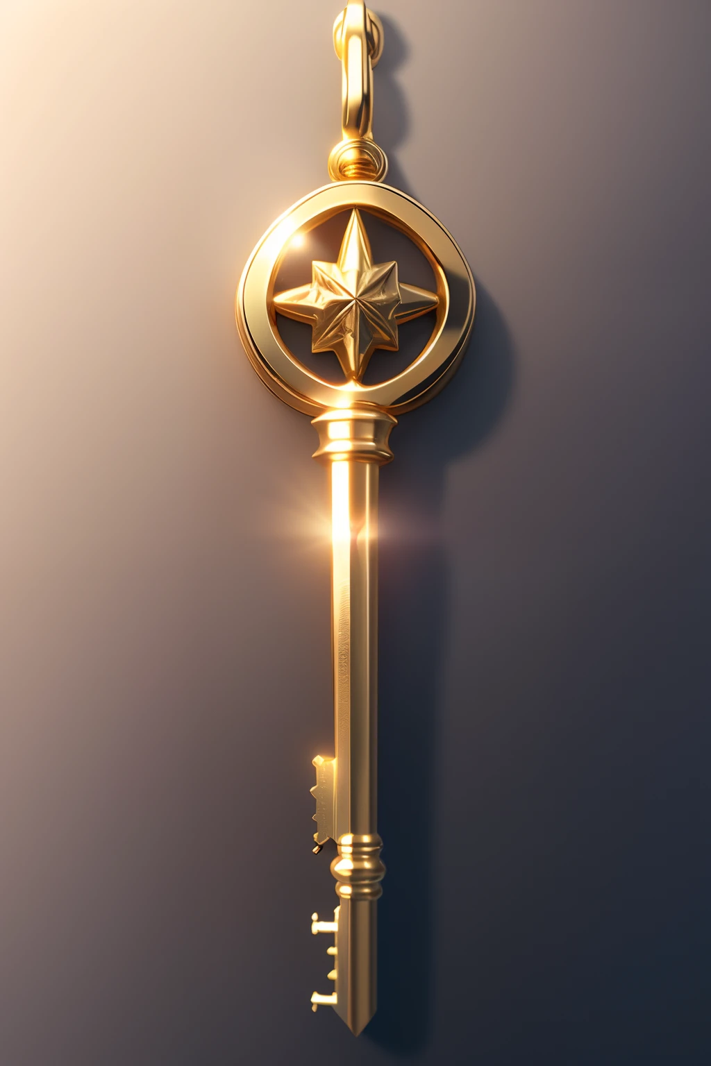 There is a golden key hanging from a gold chain, Chave de ouro, key is on the center, key is on the center of image, renderizado em keyshot, A chave da vida, key lighting, chave de metal para as portas, luz da chave, parede, chave de anime, key capture rendering, cetro, renderizado no liquidificador, ouro, arte renderizada