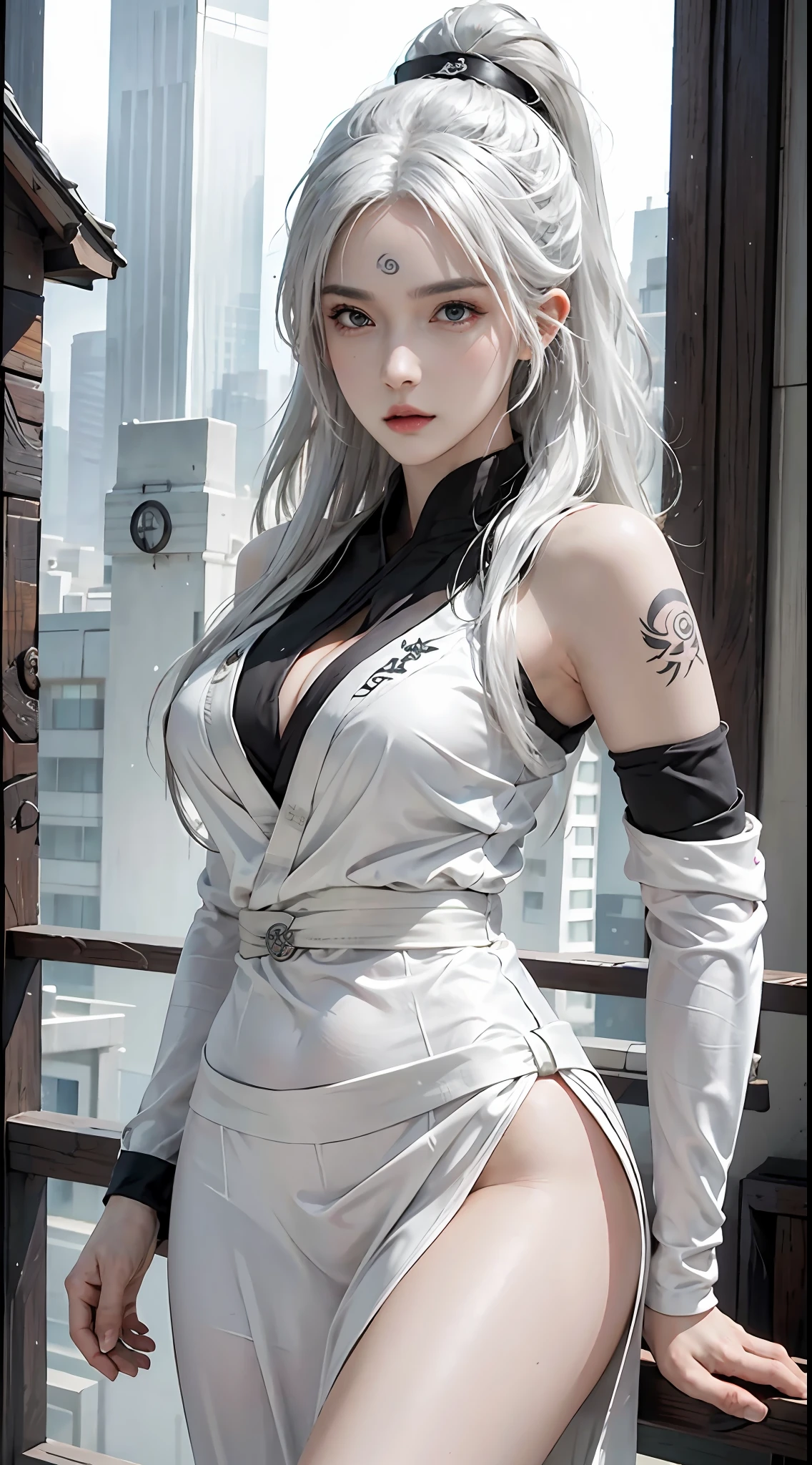 photorealistic, high resolution, 1women, solo, hips up, look at viewer, (detailed face), white hair, ninja, naruto style, headband, tattoo, jewelry