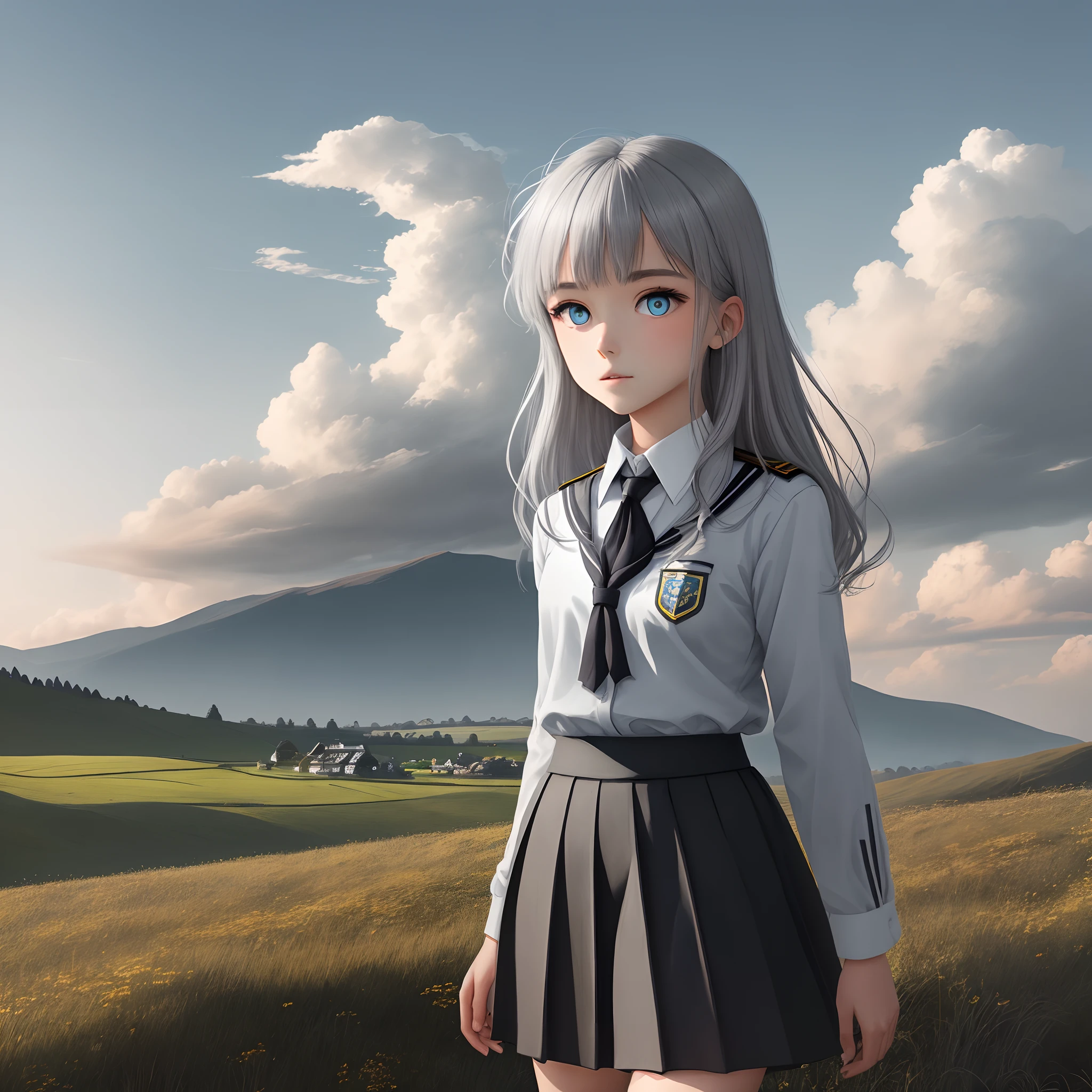 gray-haired girl，quadratic element，Slim figure，Wearing a black and white school uniform，On hillside meadows，eventide，Burning clouds，blue colored eyes，feeling of solitude