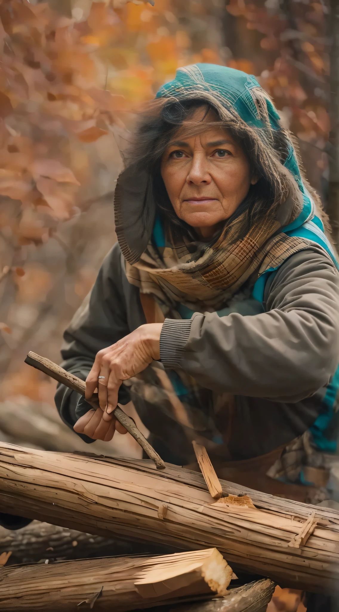 "A 50-year-old woman piling firewood with care and determination."