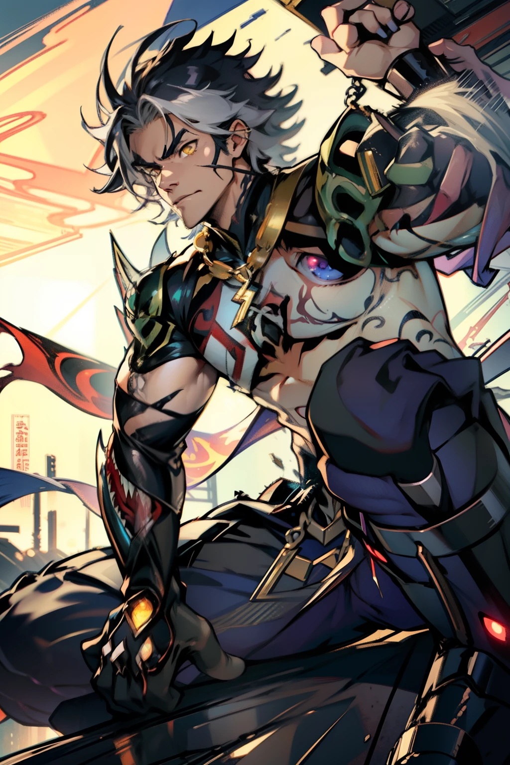 《the original god》Arataki Kazuto , male people,,((Masterpiece)), ((Best quality)), Ultra detailed,((illustration)), Dynamic Angle, Detailed light, (Delicate eyes), Floating, 1boy, Male focus, Head, Clothing, Yellow eyes, necklace, tattoo, (Forehead:0.8), (ahoge:0.8), jewelry, apathy,Ray, chest muscle, Sexy , Venom symbiote for your body, Black mucus of the body , (into venom), Venom,frontage,style of anime4 K, 4K anime wallpaper, Badass anime 8 K, 4 k comic wallpaper, young anime man, Anime boys, Anime wallpapers 4 k, Anime wallpaper 4K, High quality anime art style, Anime moe art style, Anime art wallpaper 8 K, Anime art wallpaper 4 K, RGB lighting