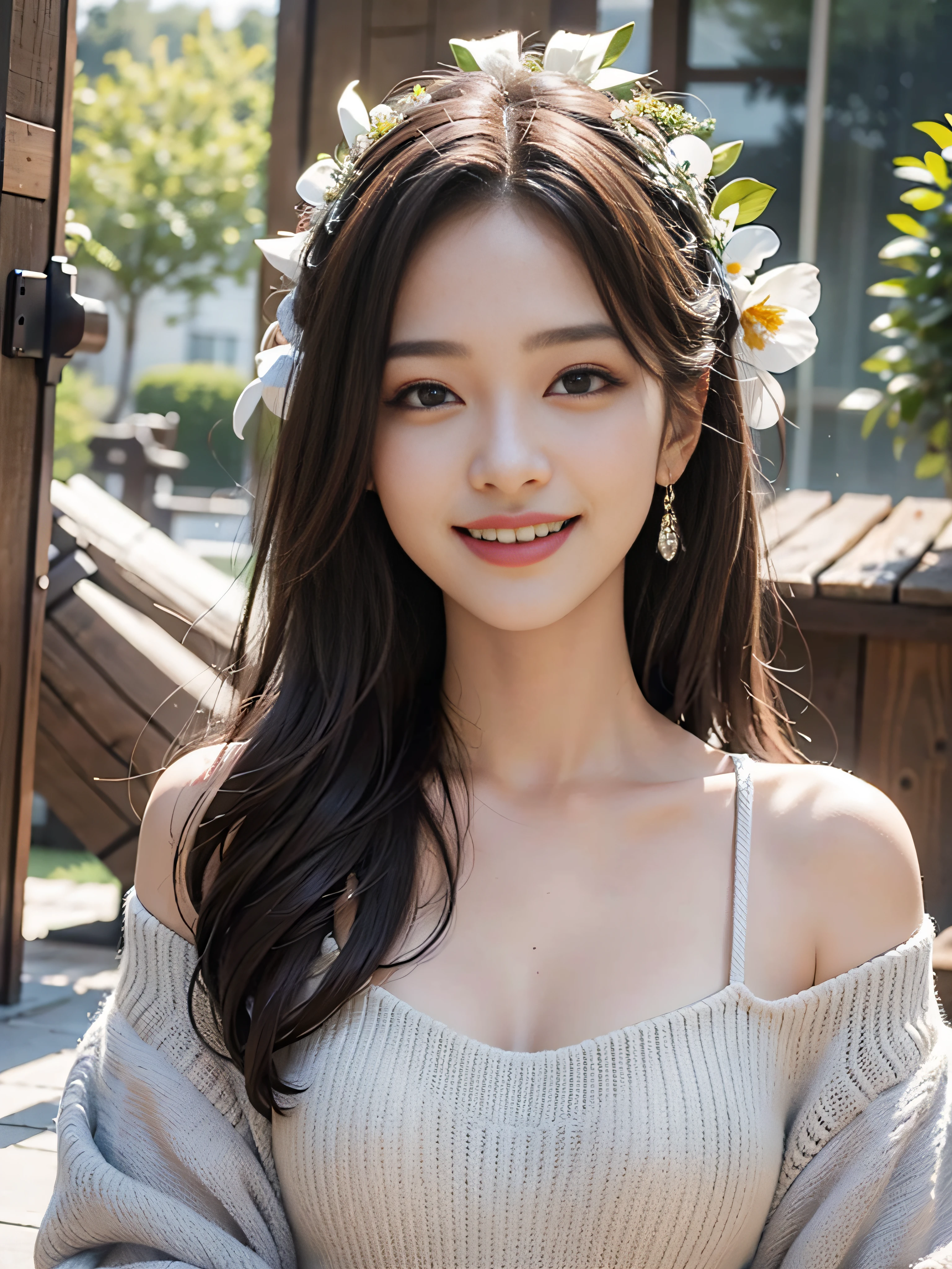 best quality, masterpiece, ultra high res, photorealistic, 1girl, offshoulder, smile