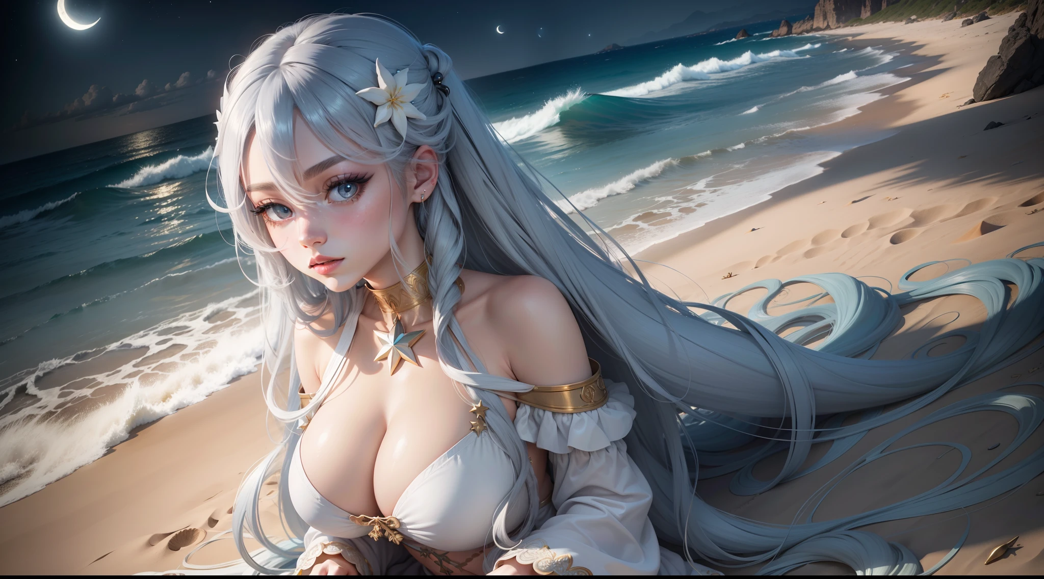 moon,on the beach,masterpiece,best quality,official art,extremely detailed CG unity 8k wallpaper,huge_filesize,female pervert,multiple_girls,absurdly long hair,gradient hair,shiny hair,star hair ornament,white colored eyelashes,white eyebrows,longeyelashes,beautiful detailed eyes,aqua eyes,large breasts