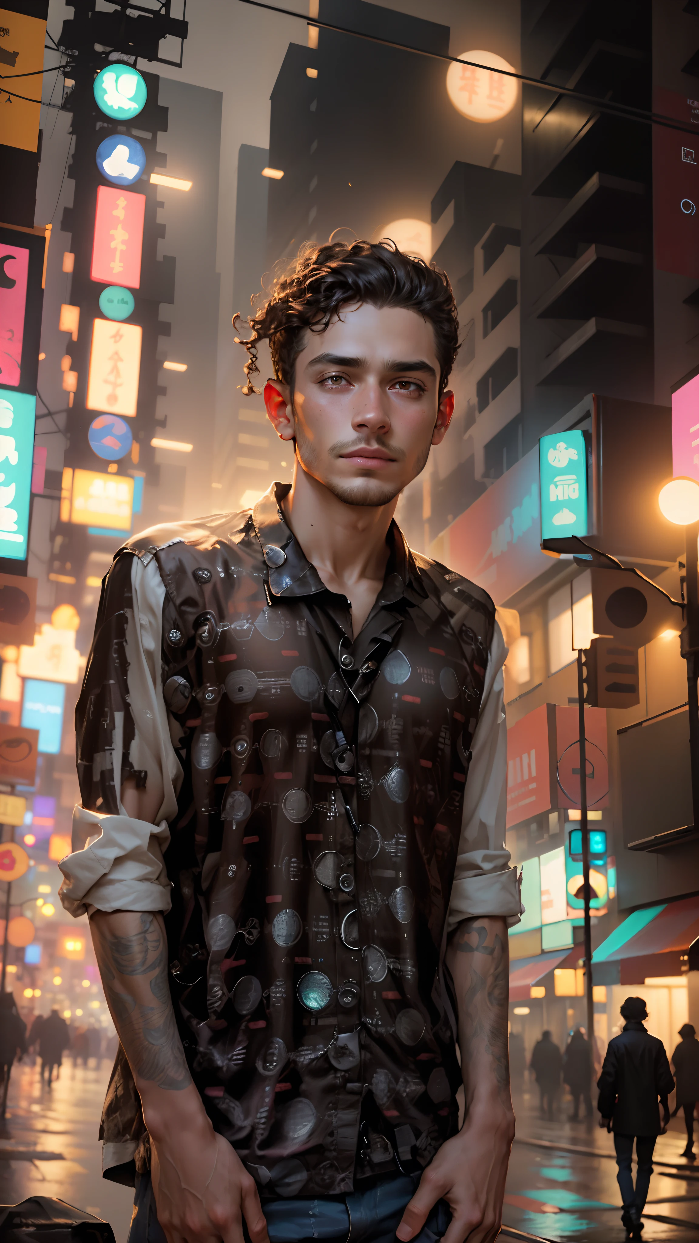 Beautiful man curly hair, wearing shirt, cyberpunk style , background change