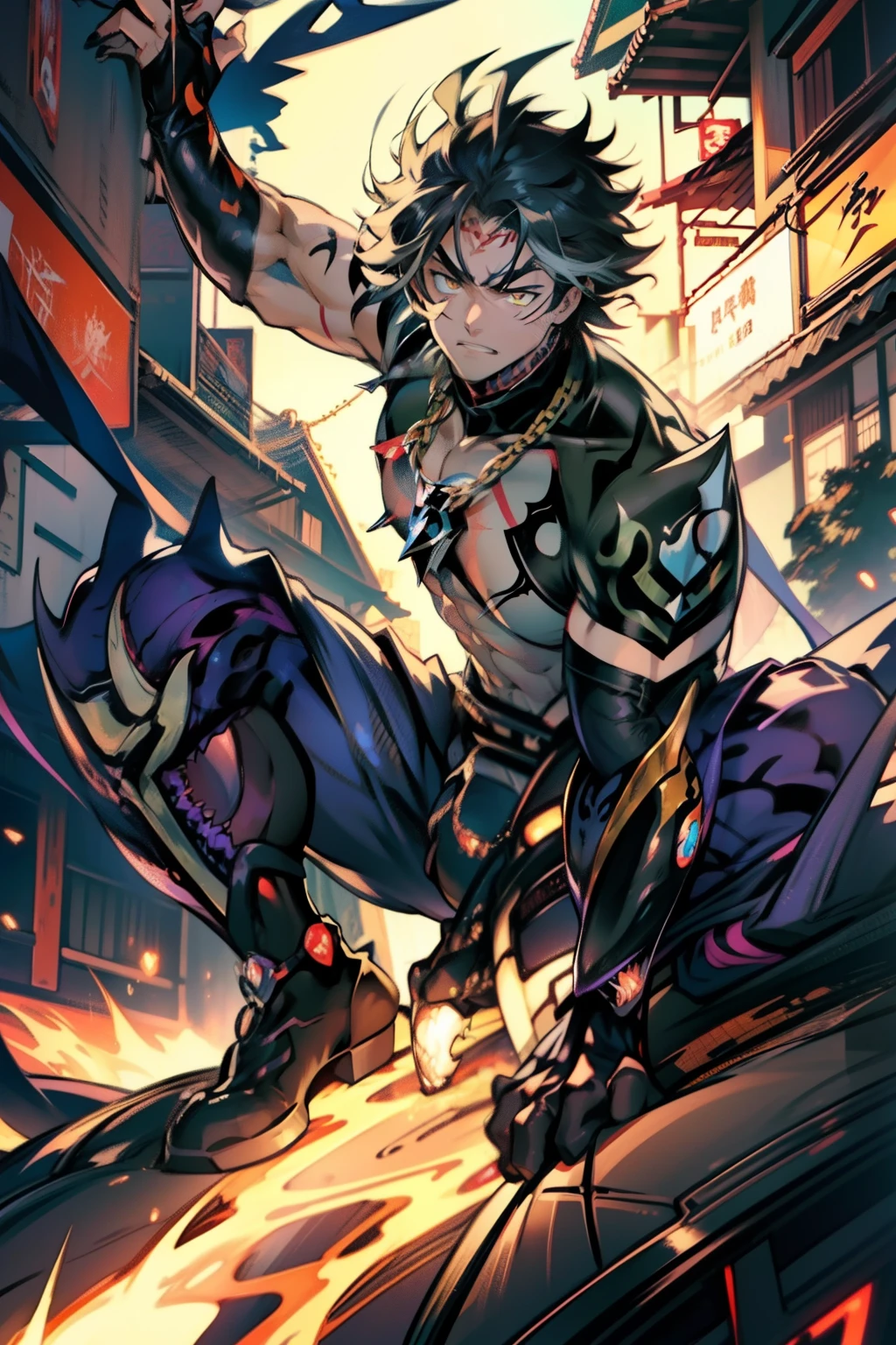 《the original god》Arataki Kazuto , male people,,((Masterpiece)), ((Best quality)), Ultra detailed,((illustration)), Dynamic Angle, Detailed light, (Delicate eyes), Floating, 1boy, Male focus, Head, Clothing, Yellow eyes, necklace, tattoo, (Forehead:0.8), (ahoge:0.8), jewelry, apathy,Ray, chest muscle, Sexy , Venom symbiote for your body, Black mucus of the body , (into venom), Venom,frontage,style of anime4 K, 4K anime wallpaper, Badass anime 8 K, 4 k comic wallpaper, young anime man, Anime boys, Anime wallpapers 4 k, Anime wallpaper 4K, High quality anime art style, Anime moe art style, Anime art wallpaper 8 K, Anime art wallpaper 4 K, RGB lighting
