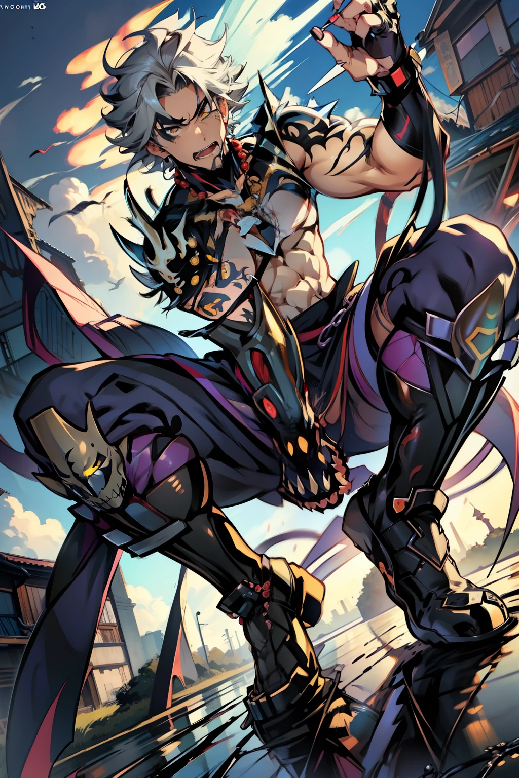 《the original god》Arataki Kazuto , male people,,((Masterpiece)), ((Best quality)), Ultra detailed,((illustration)), Dynamic Angle, Detailed light, (Delicate eyes), Floating, 1boy, Male focus, Head, Clothing, Yellow eyes, necklace, tattoo, (Forehead:0.8), (ahoge:0.8), jewelry, apathy,Ray, chest muscle, Sexy , Venom symbiote for your body, Black mucus of the body , (into venom), Venom,frontage,style of anime4 K, 4K anime wallpaper, Badass anime 8 K, 4 k comic wallpaper, young anime man, Anime boys, Anime wallpapers 4 k, Anime wallpaper 4K, High quality anime art style, Anime moe art style, Anime art wallpaper 8 K, Anime art wallpaper 4 K, RGB lighting
