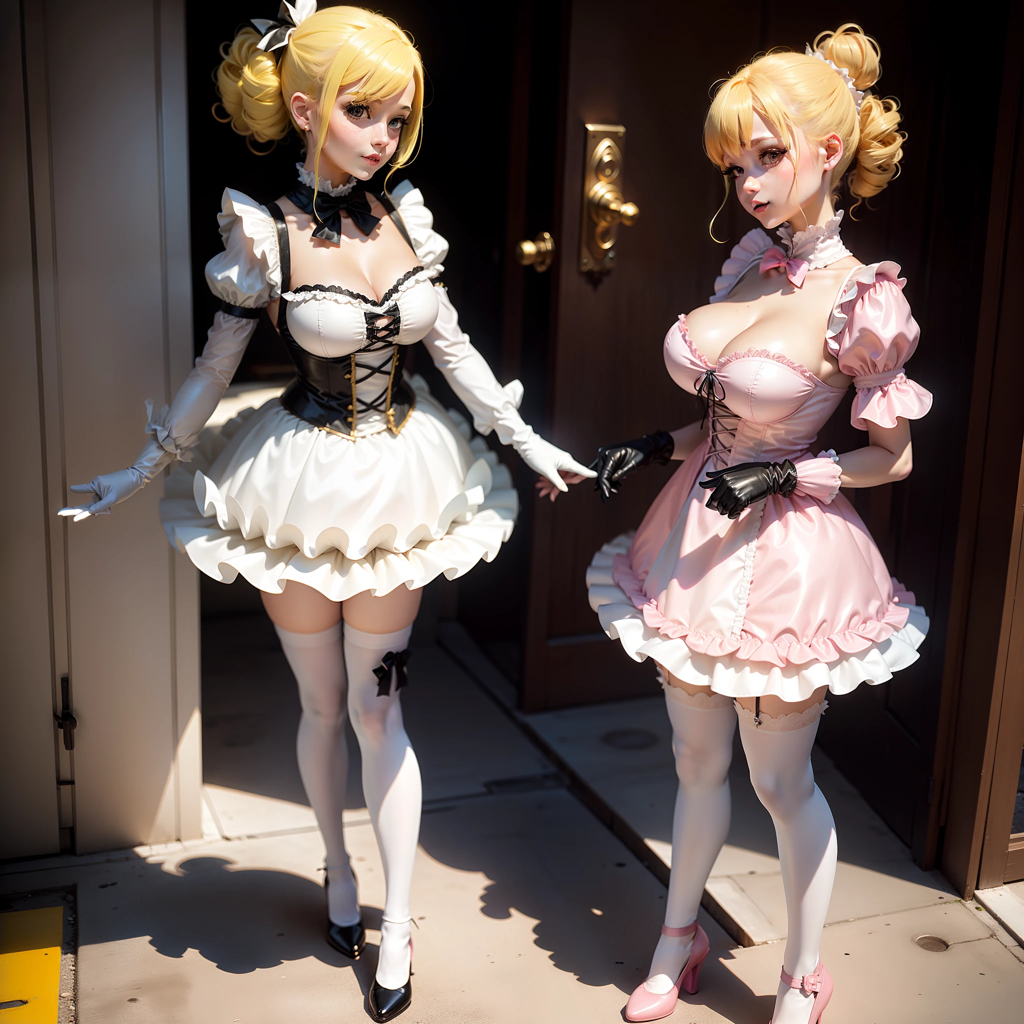 Lori huge breasts cleavage,Thin,White tights,Pink ta dress,Heteropupil,With a petite figure,short,ssmile,standing on your feet,Small black leather shoes,Yellow hair,Double ponytail curls,White leather gloves