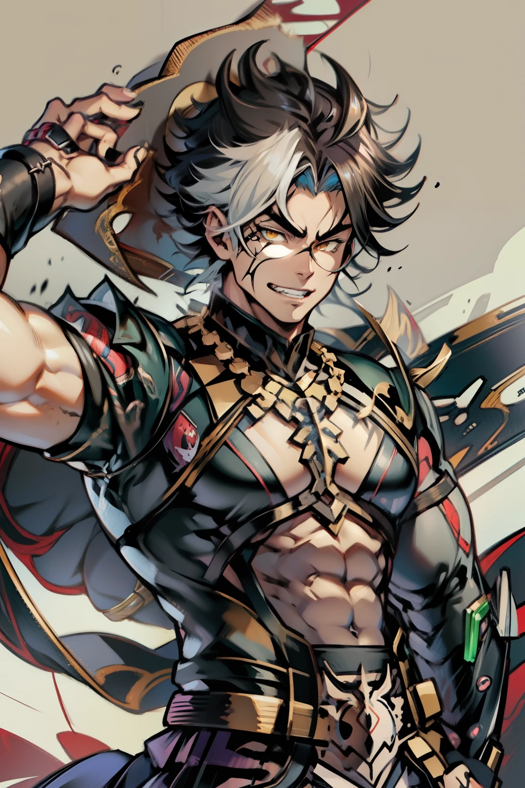 《the original god》Arataki Kazuto , male people，，((Masterpiece)), ((Best quality)), Ultra detailed,((illustration)), Dynamic Angle, Detailed light, (Delicate eyes), Floating, 1boy, Male focus, Head, Clothing, Yellow eyes, necklace, tattoo, (Forehead:0.8), (ahoge:0.8), jewelry, apathy，Ray， chest muscle， Sexy , Venom symbiote for your body, Black mucus of the body , （into venom）, Venom，frontage，style of anime4 K， 4K anime wallpaper， Badass anime 8 K， 4 k comic wallpaper， young anime man， Anime boys， Anime wallpapers 4 k， Anime wallpaper 4K， High quality anime art style， Anime moe art style， Anime art wallpaper 8 K， Anime art wallpaper 4 K， RGB lighting