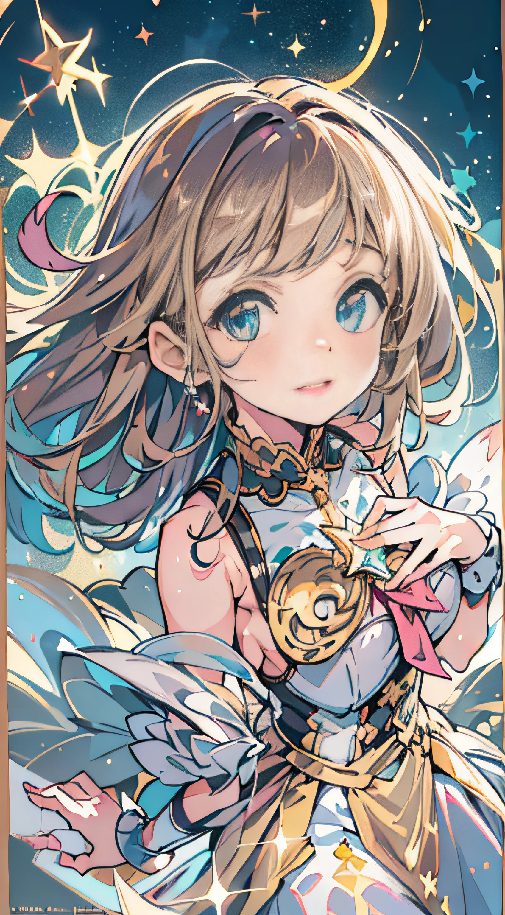 ((magical )), ((Gorgeous starry sky background)), ((Ultra-detailed)), ((Best Illustration)), ((Cinematic lighting)), Dynamic Angle, Floating, finely detailed, (glitters:1.2), (Sparkle:1.2), (Shine:1.2), classic, (Painting:1.1), (Sketch:1.1), (Best quality), (Masterpiece:1.2), (Anime style), (Solo), Beautiful detailed face, (Cute face:1.3), (Big eyes:1.3), Colorful hair, (Long hair:1.2), (Floating hair:1.2), (magical girl outfit), detailed outfits, (Sparkling wand:1.3), (Magical effect:1.3), (Flowing skirt:1.2), (Cute boots:1.1), (Transparent fabric:1.1), (Twinkle:1.2), (Glow:1.2), (Radiance:1.2), (Flicker:1.2), (Dazzle:1.2)