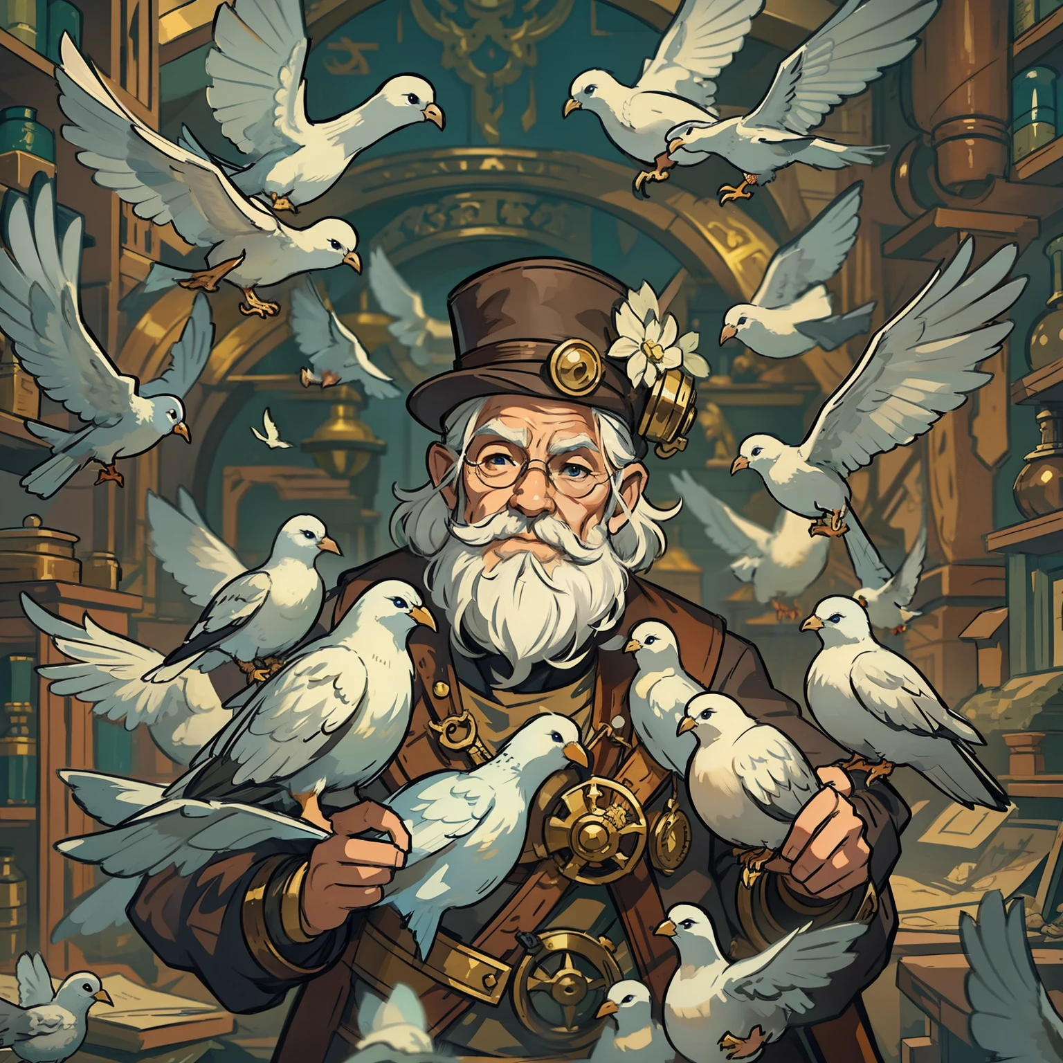 an old and small man a white-haired dwarf steampunk style he is a medieval craftsman as an inventor he is in a large temple full of gold and various papers and scrolls creating a magical artifact medieval magic technology portray with steampunk creativity he wears a nautical diver costume RPG character character illustration rpg art RPG art medieval art he is surrounded by birds several pigeons in a kind of mail and various homing pigeons