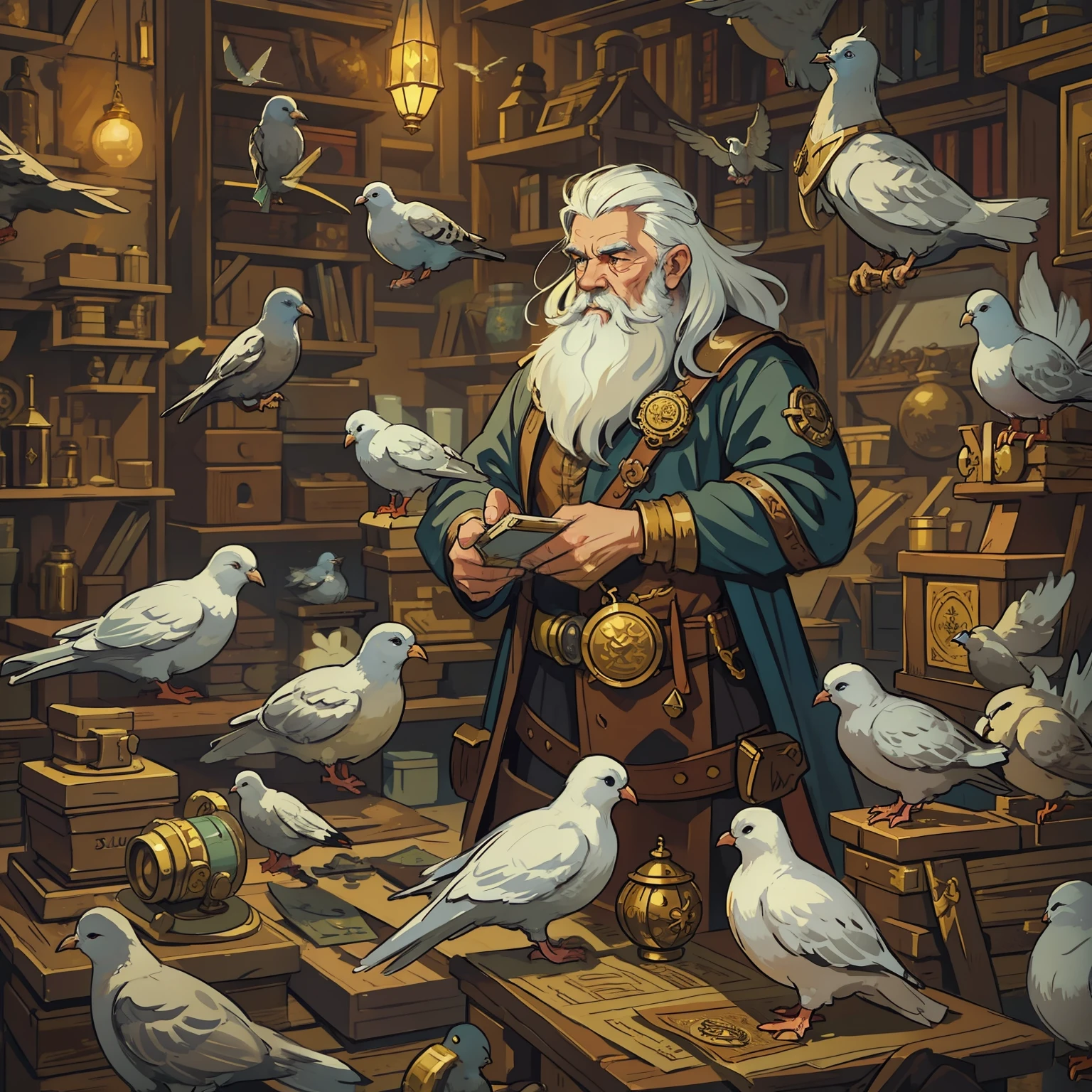 an old and small man a white-haired dwarf steampunk style he is a medieval craftsman as an inventor he is in a large temple full of gold and various papers and scrolls creating a magical artifact medieval magic technology portray with steampunk creativity he wears a nautical diver costume RPG character character illustration rpg art RPG art medieval art he is surrounded by birds several pigeons in a kind of mail and various homing pigeons