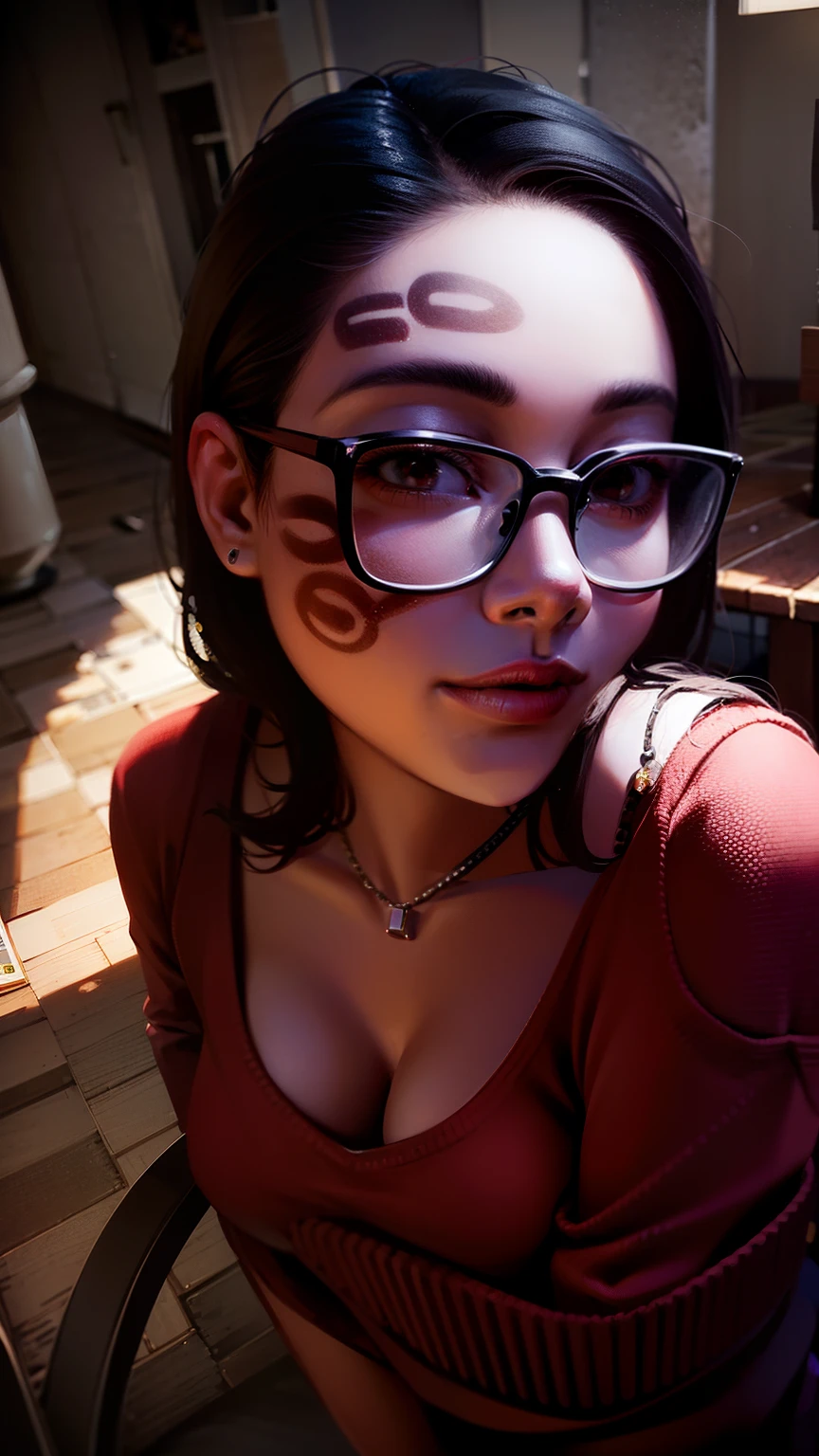 (mejor calidad: 0,8), (mejor calidad: 0,8), perfect anime illustration, retrato de primer plano extremo de una mujer bonita sentada en una silla en su habitacion , lleva una prenda de color rojo y lentes negros