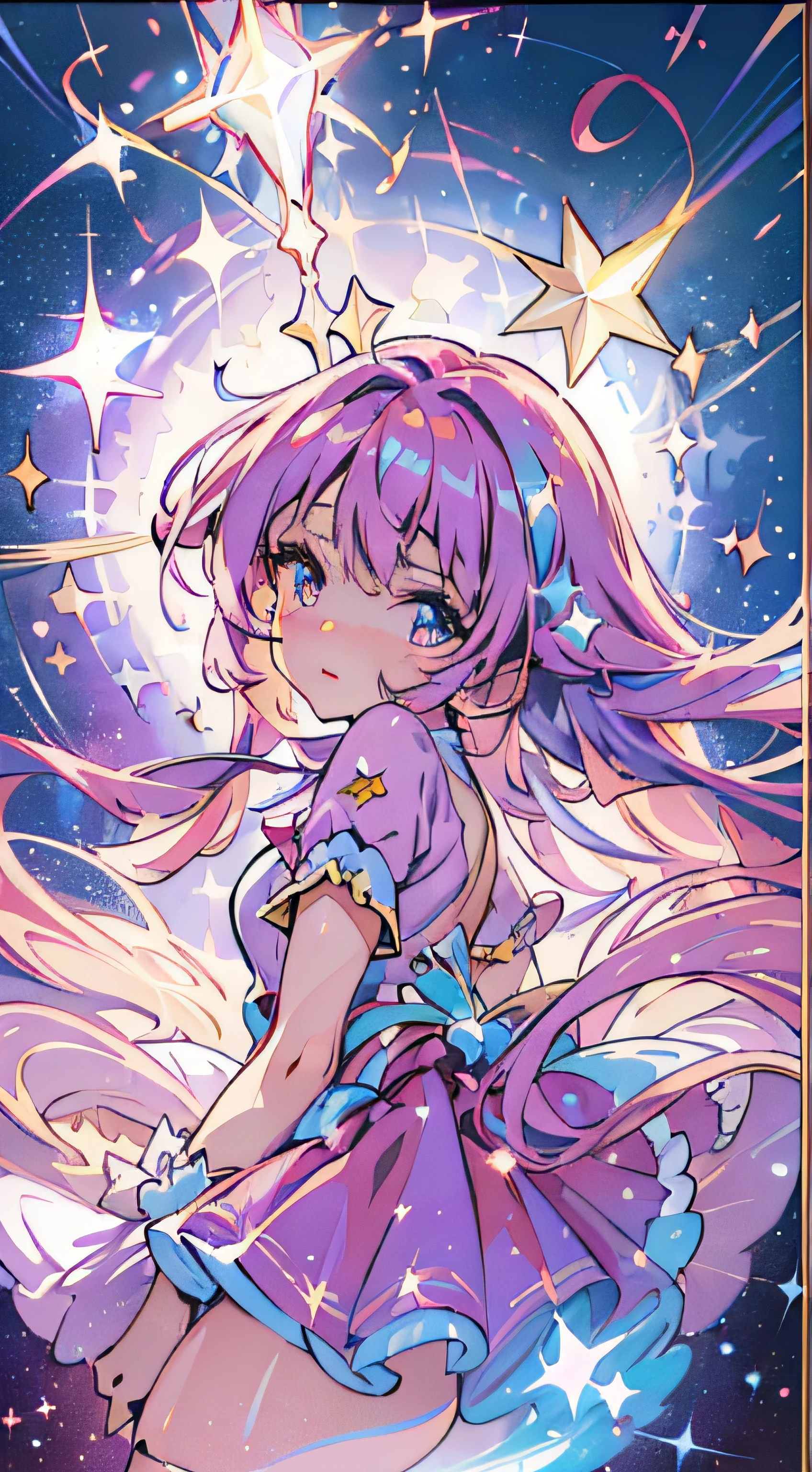 ((magical ***********)), ((Gorgeous starry sky background)), ((Ultra-detailed)), ((Best Illustration)), ((Cinematic lighting)), Dynamic Angle, Floating, finely detailed, (glitters:1.2), (Sparkle:1.2), (Shine:1.2), classic, (Painting:1.1), (Sketch:1.1), (Best quality), (Masterpiece:1.2), (Anime style), (Solo), Beautiful detailed face, (Cute face:1.3), (Big eyes:1.3), Colorful hair, (Long hair:1.2), (Floating hair:1.2), (magical girl outfit), detailed outfits, (Sparkling wand:1.3), (Magical effect:1.3), (Flowing skirt:1.2), (Cute boots:1.1), (Transparent fabric:1.1), (Twinkle:1.2), (Glow:1.2), (Radiance:1.2), (Flicker:1.2), (Dazzle:1.2)