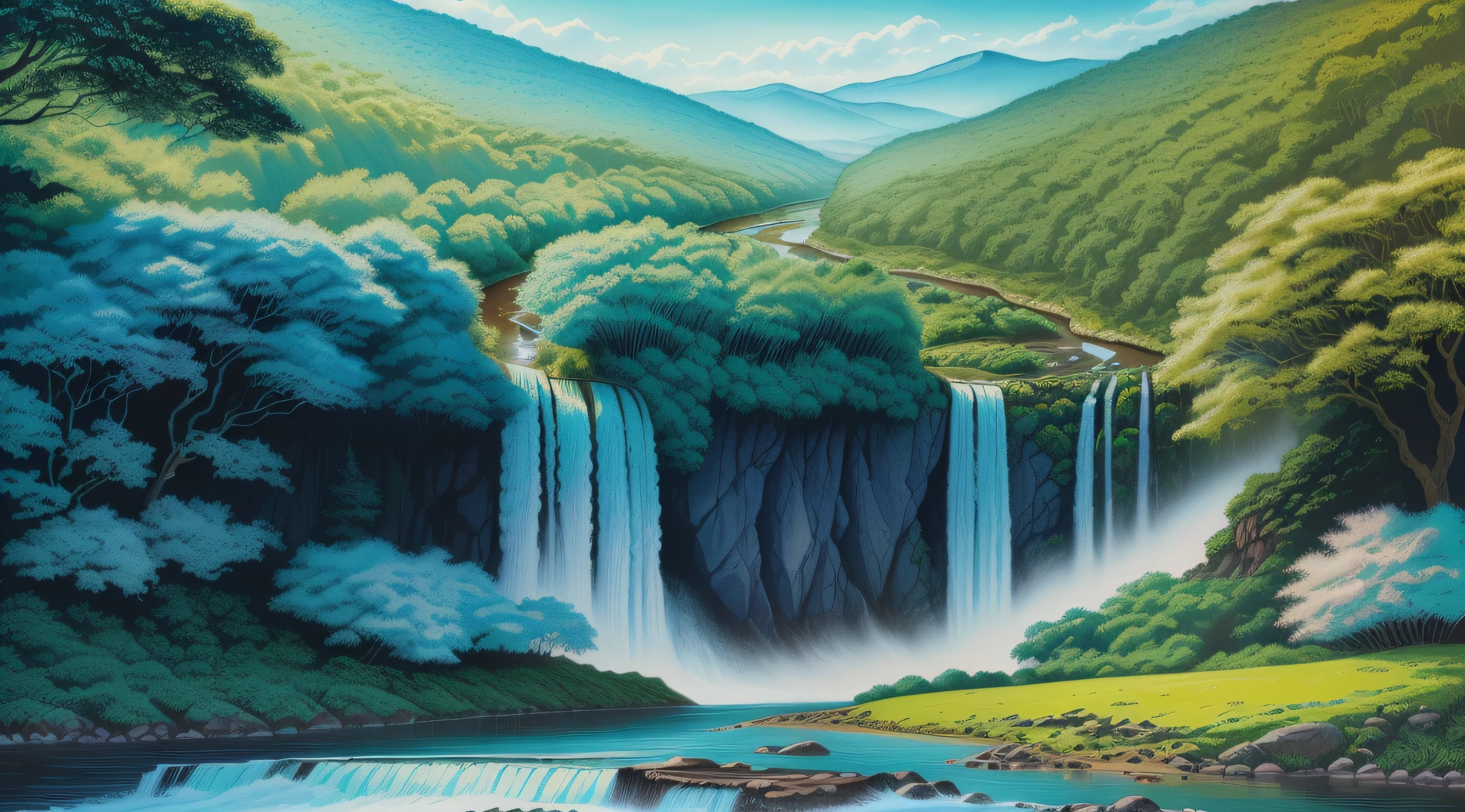 Drawing of a river with a waterfall and trees in the background, estilo de caneta e tinta, caneta & desenho a tinta digital, Colorful illustration with complementary pastel tones