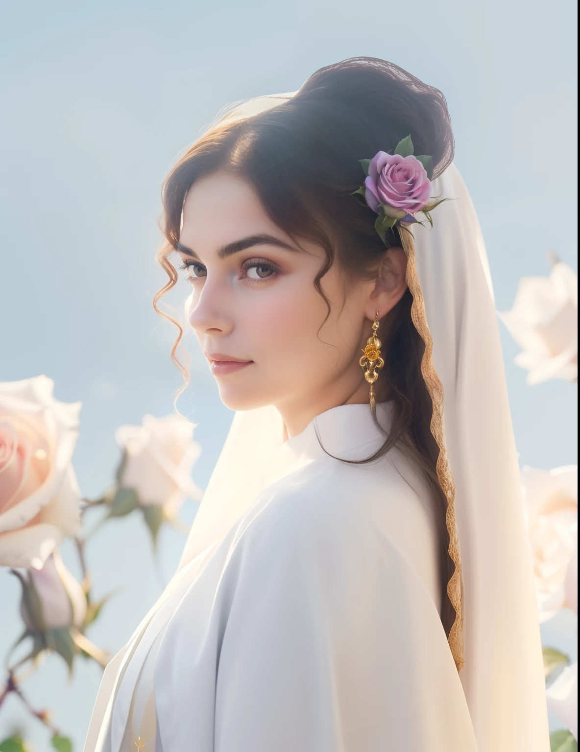 (((Holy VIRGIN MARY MYSTICAL ROSE. 19 years old))) ((( Con una cara seria y piadosa. Con una mirada dulce y tierna))) (obra maestra, calidad superior, mejor calidad, arte oficial, beautiful and aesthetic: 1.2), (1girl), extremadamente detallado, (Arte fractal: 1.3), colorido, highest detailed, Cara perfecta, parte superior del cuerpo, HDR, (orando: 1.3), (golden lines of white coat: 1.2), galaxia, (rayas de luz), eye-catching visuals, (dynamic stripes, senderos luminosos: 1.2), colores vibrantes,
