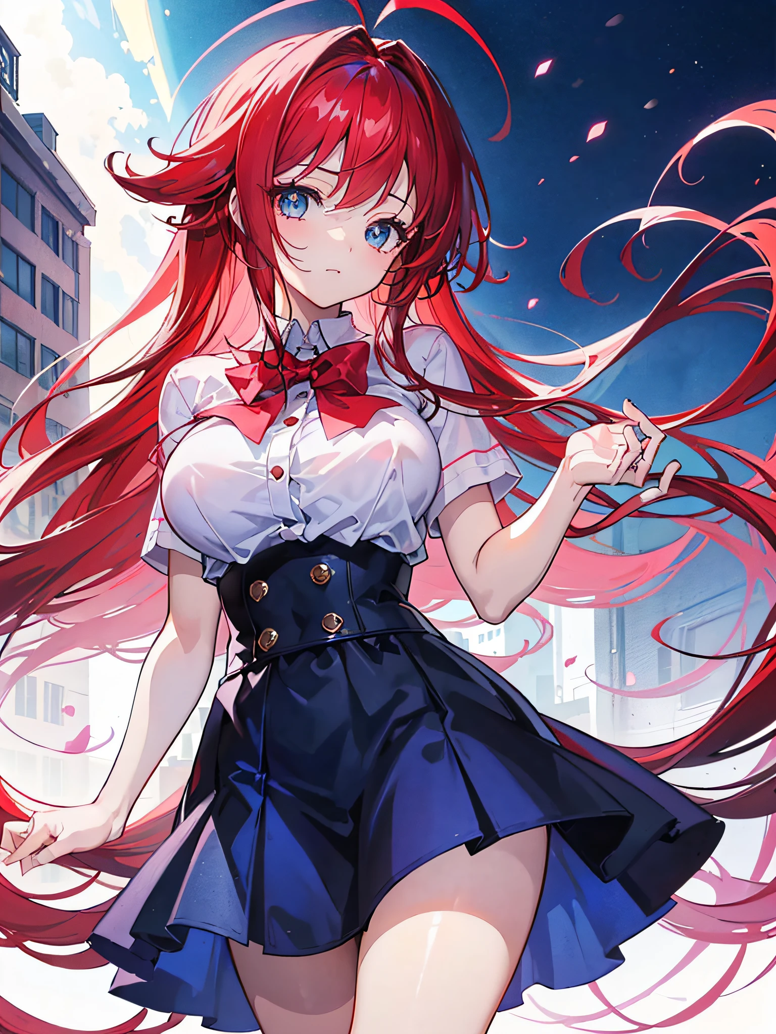 masterpiece, best quality, 1girl, long hair, looking at viewer, :3, cute, school uniform, skirt, purple skirt, (dxd clothes:1.4), streets, cowboy shot, large breasts, curvy, (((blue eyes))), rias gremory, red hair, antenna hair, wavy hair, ((beautiful detailed eyes, beautiful detailed glow, lots of glow)), anime screencap