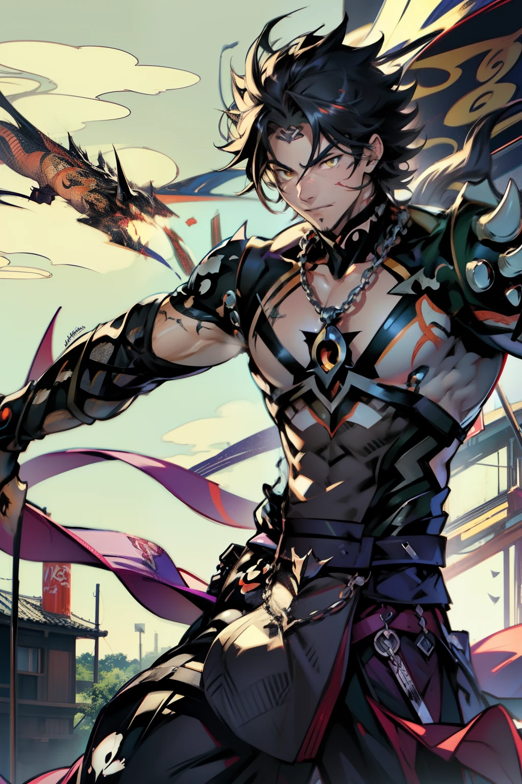 《the original god》Arataki Kazuto , male people,,((Masterpiece)), ((Best quality)), Ultra detailed,((illustration)), Dynamic Angle, Detailed light, (Delicate eyes), Floating, 1boy, Male focus, Head, Clothing, Yellow eyes, necklace, tattoo, (Forehead:0.8), (ahoge:0.8), jewelry, apathy,Ray, chest muscle, Sexy , Venom symbiote for your body, Black mucus of the body , (into venom), Venom,frontage,style of anime4 K, 4K anime wallpaper, Badass anime 8 K, 4 k comic wallpaper, young anime man, Anime boys, Anime wallpapers 4 k, Anime wallpaper 4K, High quality anime art style, Anime moe art style, Anime art wallpaper 8 K, Anime art wallpaper 4 K, RGB lighting
