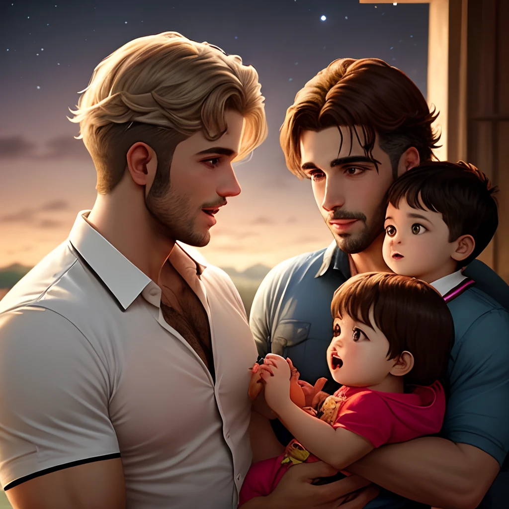 Homen com os filhos olhando a lua cheia