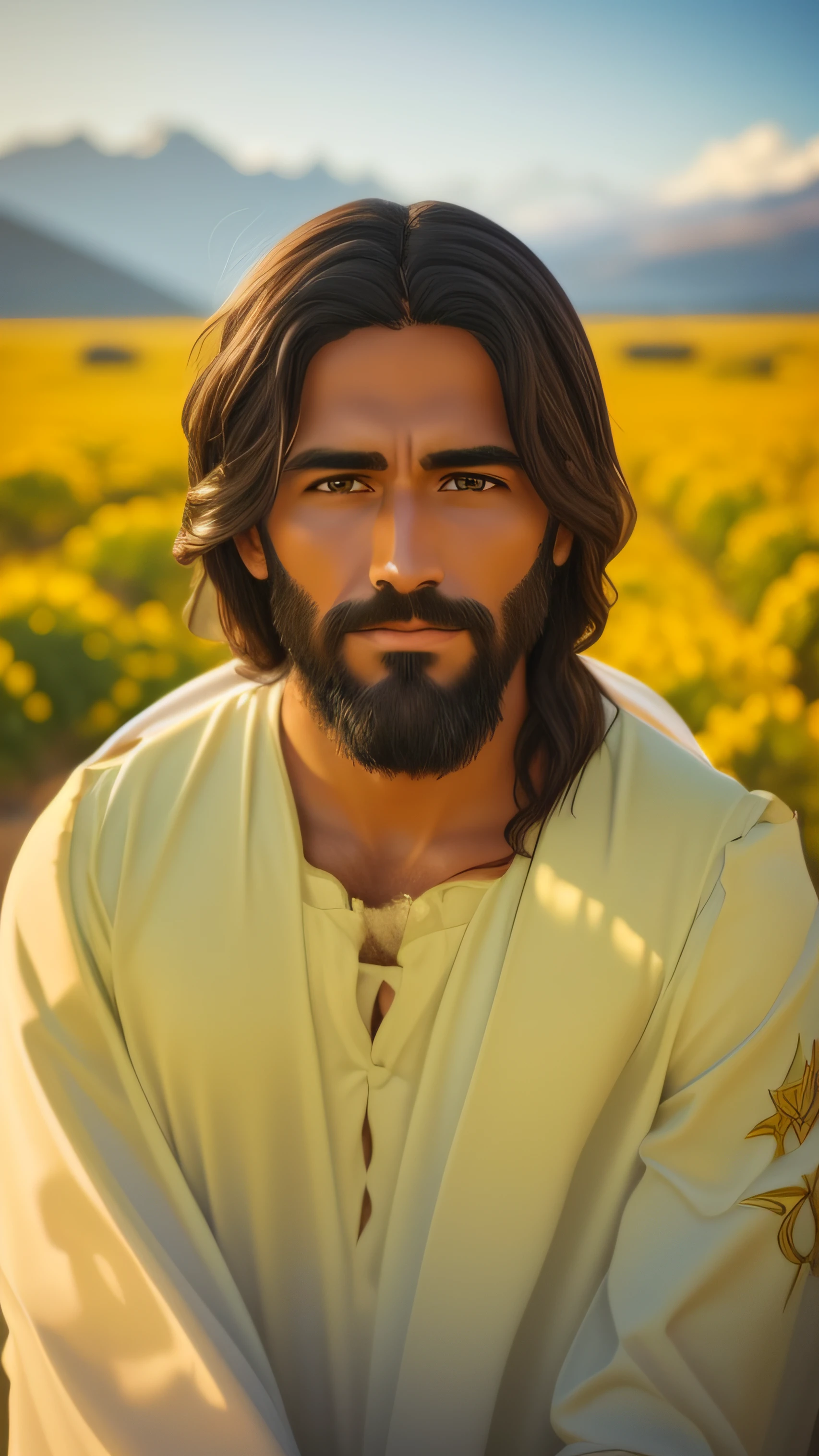 jesus cristo, Jesus Christ of Nazareth. paisagem natureza ao fundo, alto detalhe, realismo social, surrealismo, profundidade de campo, cinematic lighthing, chromatic aberration, desfocado, reflection light, ray tracing, artefatos jpeg, sombra, super detalhe, detalhes elevados, alta qualidade, melhor qualidade, 16k –s2