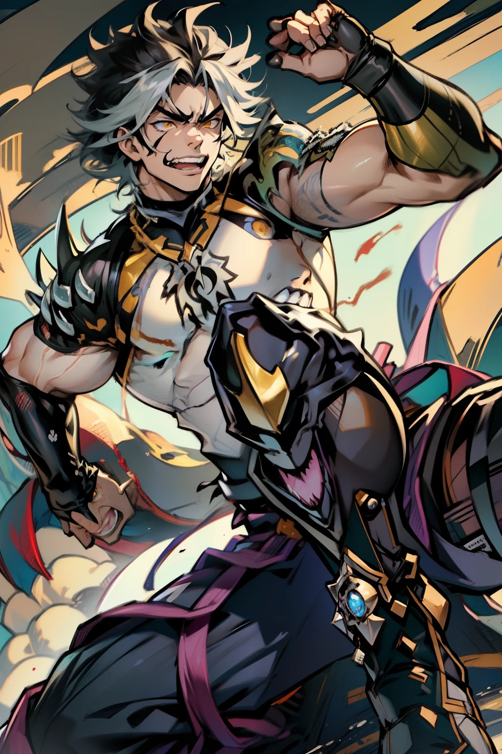《the original god》Arataki Kazuto , male people，，((Masterpiece)), ((Best quality)), Ultra detailed,((illustration)), Dynamic Angle, Detailed light, (Delicate eyes), Floating, 1boy, Male focus, Head, Clothing, Yellow eyes, necklace, tattoo, (Forehead:0.8), (ahoge:0.8), jewelry, apathy，Ray， chest muscle， Sexy , Venom symbiote for your body, Black mucus of the body , （into venom）, Venom，frontage，style of anime4 K， 4K anime wallpaper， Badass anime 8 K， 4 k comic wallpaper， young anime man， Anime boys， Anime wallpapers 4 k， Anime wallpaper 4K， High quality anime art style， Anime moe art style， Anime art wallpaper 8 K， Anime art wallpaper 4 K， RGB lighting