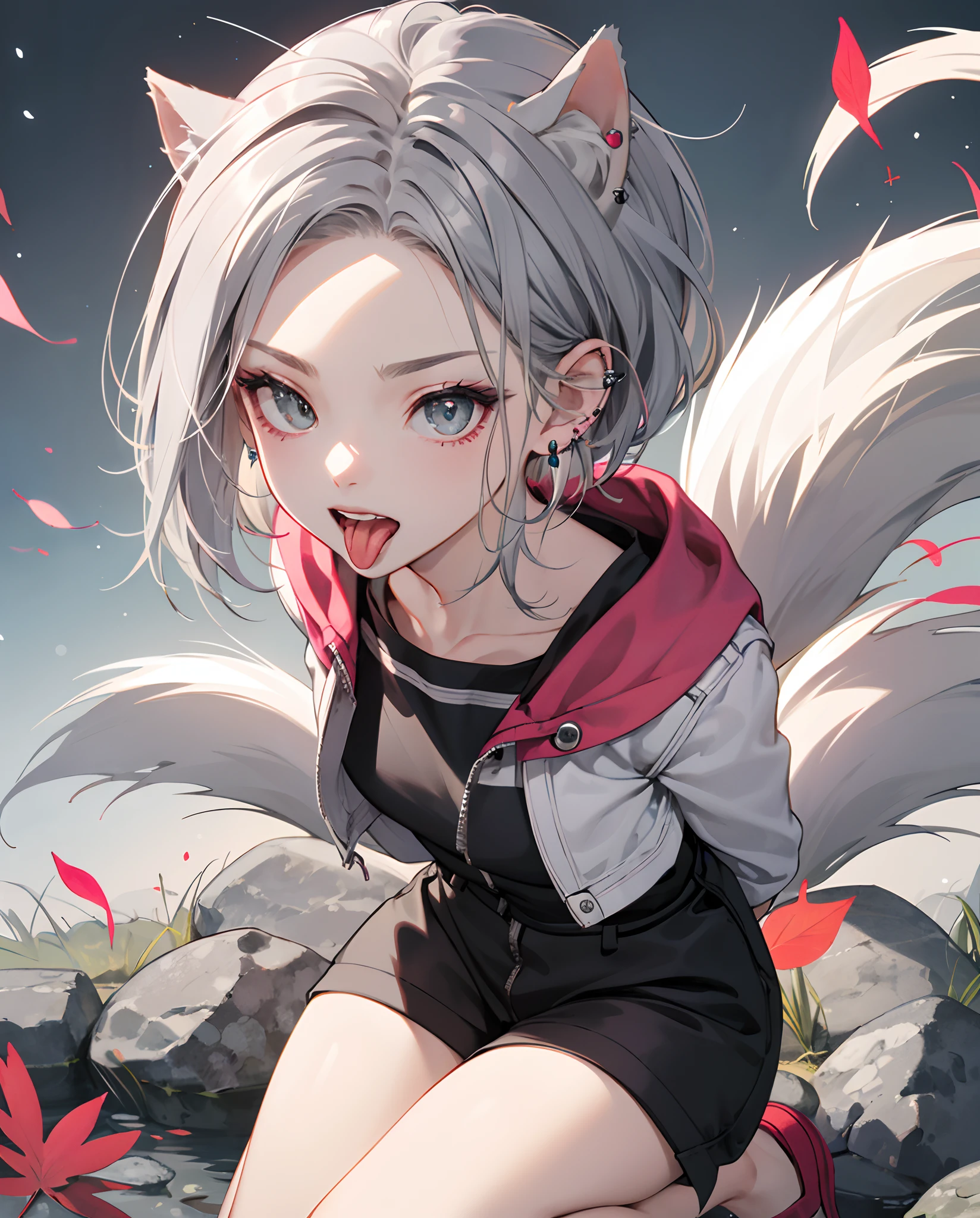 make me a drawing according to this prompt: a girl with white skin and some pink leaves with short silver gray hair; red, piercing eyes; half-open mouth and with the tongue a little out showing a little of the teeth; Little Ears; accessory: a sonic earring; on top of her head is a Miles "Tails" Prower plush;