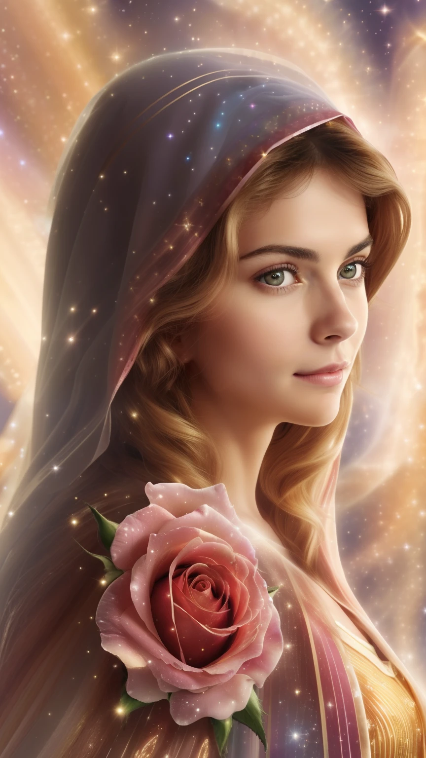 (((Holy VIRGIN MARY MYSTICAL ROSE. 19 years old))) ((( Con una cara seria y piadosa. Con una mirada dulce y tierna))) (obra maestra, calidad superior, mejor calidad, arte oficial, beautiful and aesthetic: 1.2), (1girl), extremadamente detallado, (Arte fractal: 1.3), colorido, highest detailed, Cara perfecta, parte superior del cuerpo, HDR, (orando: 1.3), (golden lines of white coat: 1.2), galaxia, (rayas de luz), eye-catching visuals, (dynamic stripes, senderos luminosos: 1.2), colores vibrantes,