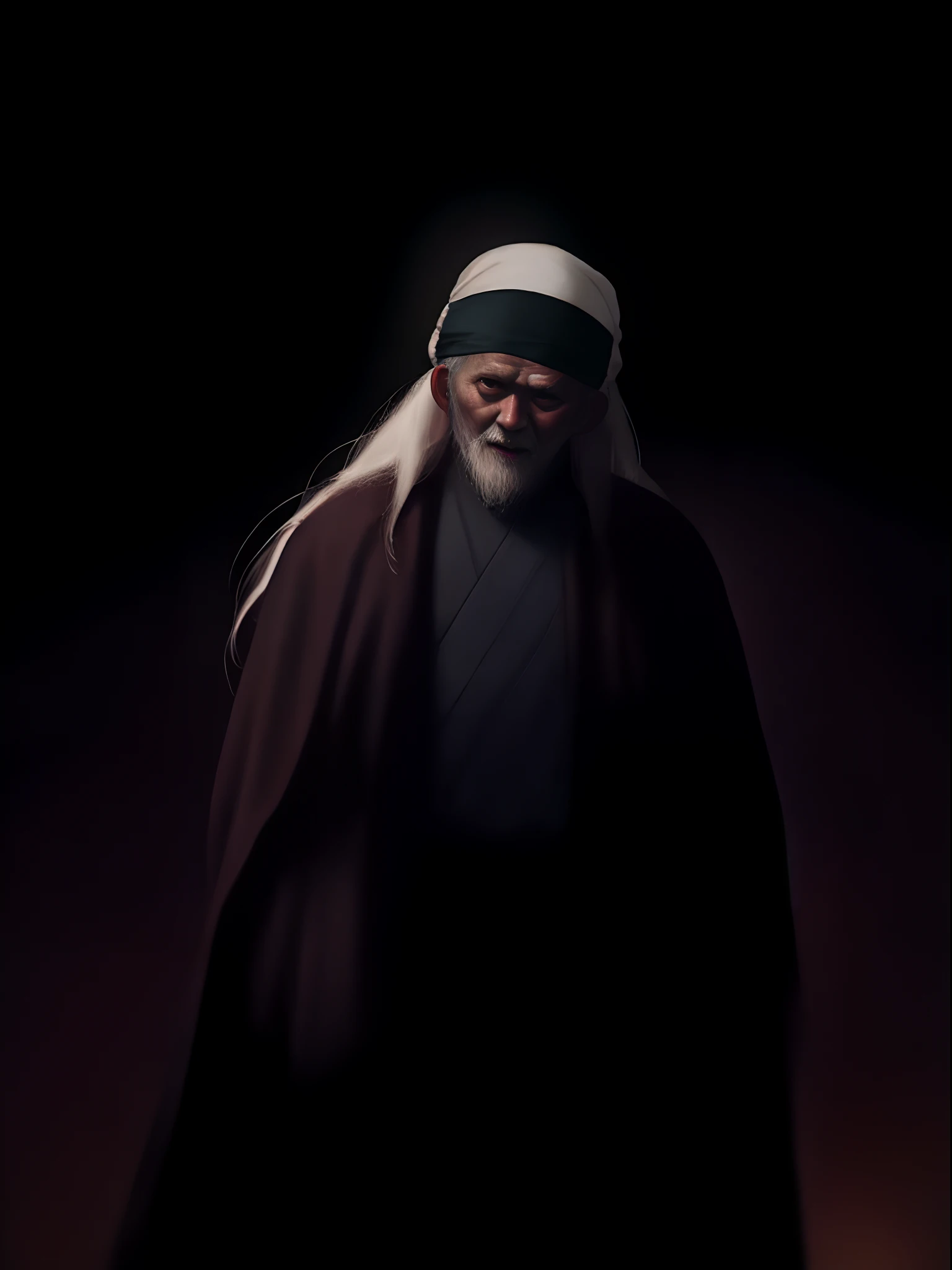 White long haired south east asian old man wearing turban. There is white leucistic tiger beside him. 90 years old. Dramatic horror light. Add jawa tengah candi as a background. Dark horror ambience light