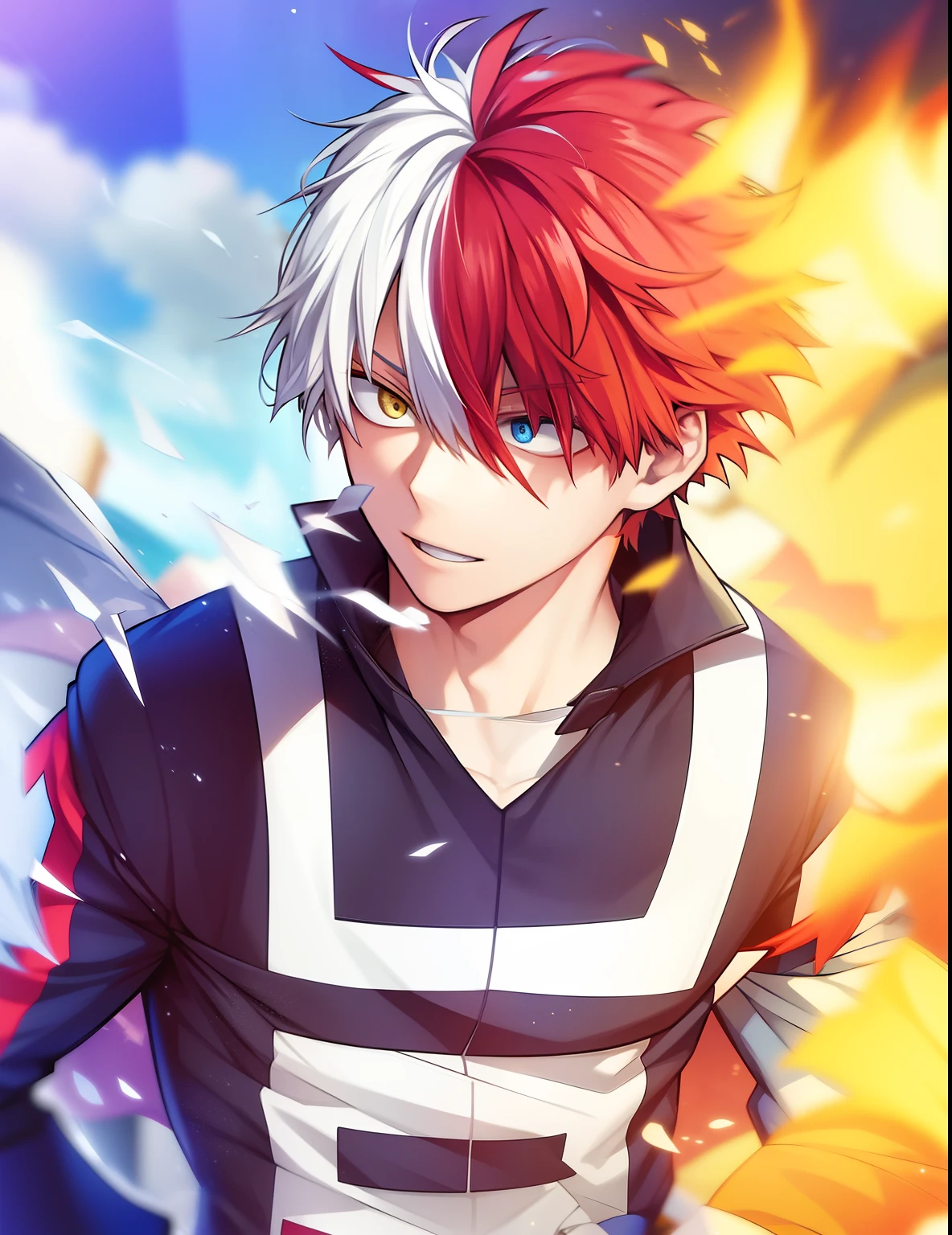 horikoshi kouhei, 1boy, bangs, blue eyes, blurry, blurry background, boku no hero academia, burn scar, closed mouth, coat, from side, gugugunogu, heterochromia, highres, jacket, multicolored hair, red hair, scar, scar on face, smile, solo, todoroki shouto, white hair, winter clothes, winter coat, yellow eyes