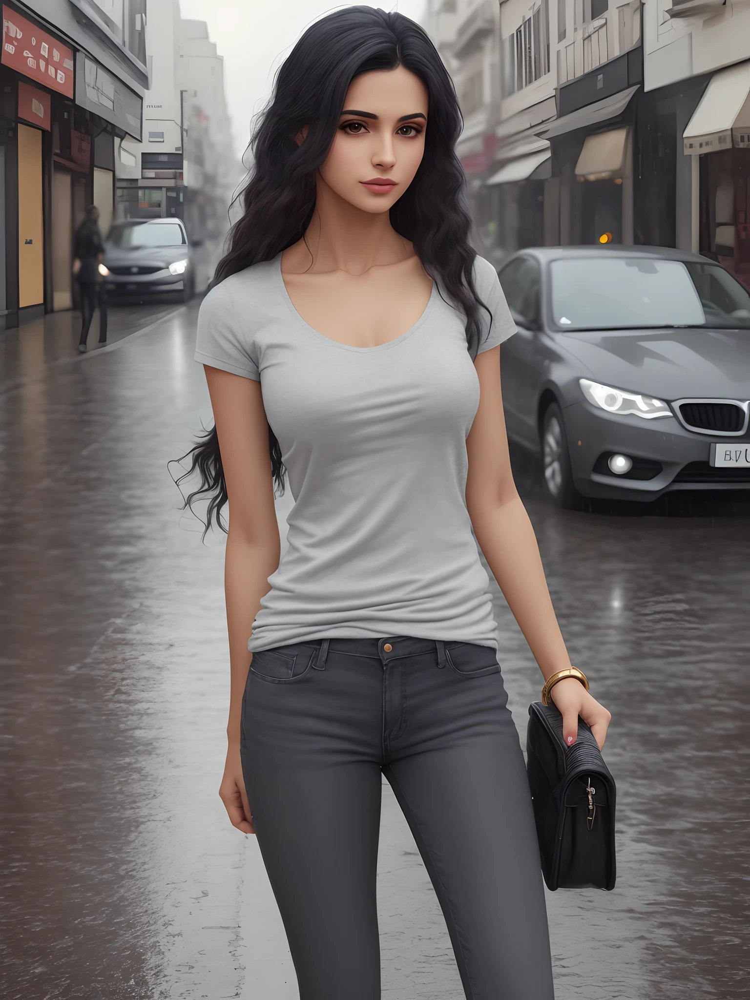 alluring stunning gorgeous posing european homeless sexy Arabian Ladies, skinny dark blue jeans with rounded nack lose baggy grey tee-shirt, regular fit black crew neck Tee-shirt, white plain Tee-shirt, intricate environment, very detailed background, wide busy road, building's, shop's rainy weather, cloud's, intricate texture of skin,night,late evening, cute face, sexual intention, toned legs, long length tee-shirt, short sleeves basic, grey tee-shirt long length, middle eastern 28 years old fashion girl, wavy hairstyle, very detailed eye's, very detailed nose and lips, detailed hands and fingers, perfact firm and toned body, perfact legs and hips, medium breasts, bouncy breasts, long heel's, beautiful deatiled feet's walking style middle eastern beautiful girl, carrying leather hand bags, wearing gold bracelet, golden watch, wet road, after rain atmosphere, car's headlights on, UHD, 4k, Cinematic.