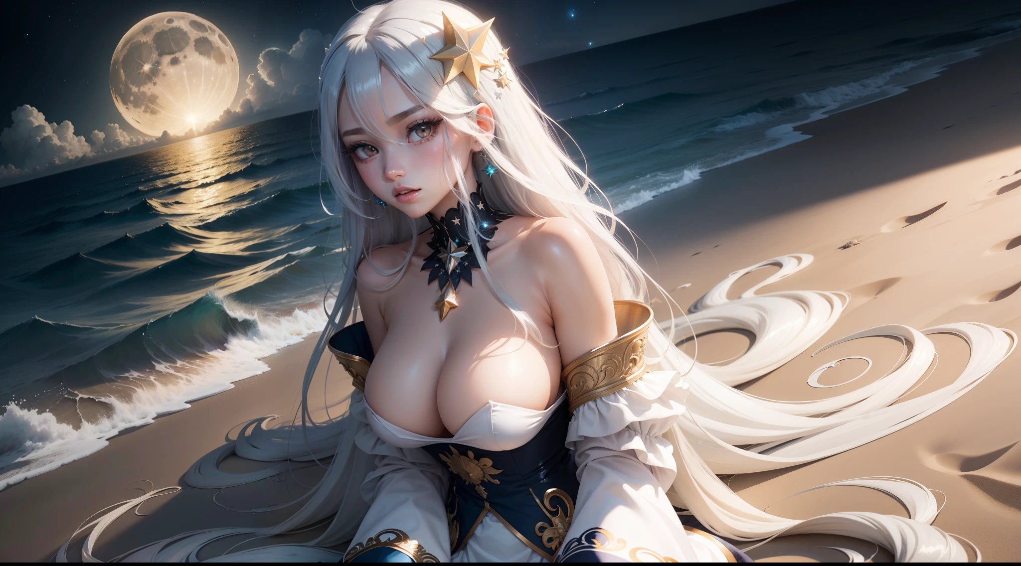 moon,on the beach,masterpiece,best quality,official art,extremely detailed CG unity 8k wallpaper,huge_filesize,female pervert,multiple_girls,absurdly long hair,gradient hair,shiny hair,star hair ornament,white colored eyelashes,white eyebrows,longeyelashes,beautiful detailed eyes,aqua eyes,large breasts