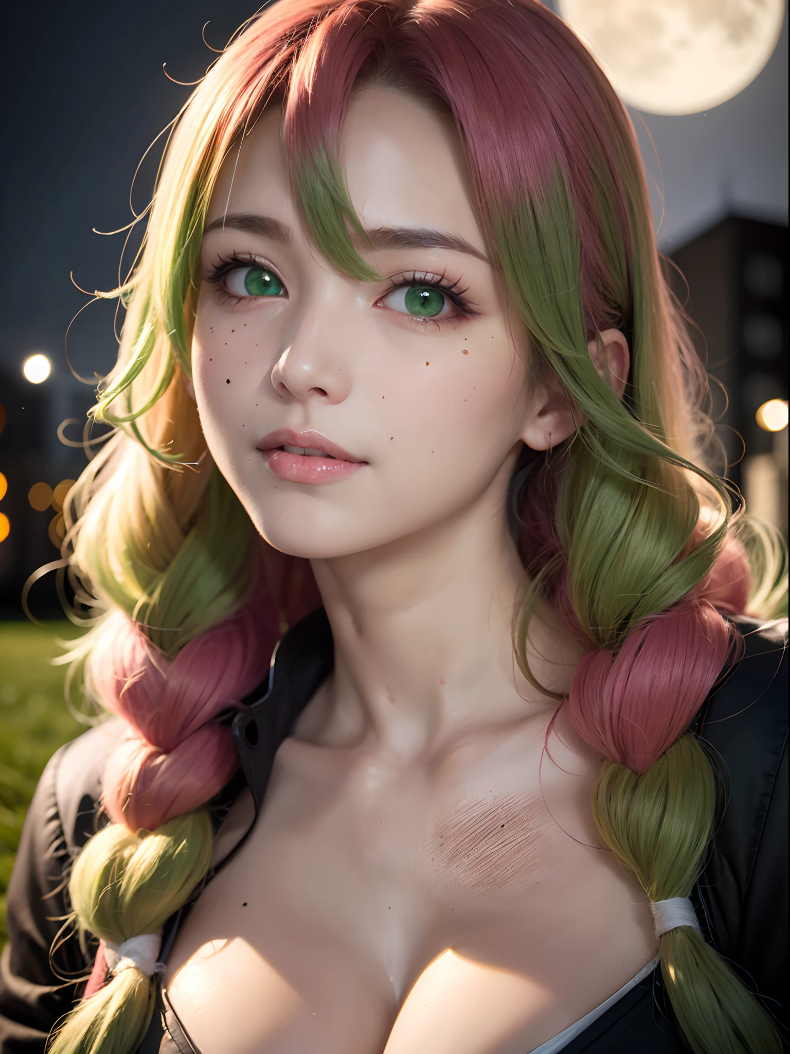 (masterpiece, best quality:1.4), (close up:1.5), 1girl, solo, (european youth:1), 1girl, Mitsuri, (gradient hair color:1.2), (long hair:1.5), (mole, mole under eye:1.2), seductive expression, (green eyes:1.4), (erotic), cleavage, (demon_slayer_uniform:1), smile, long_sleeves, looking_at_viewer, japanese_clothes, (haori), cleavage, sexy smile, beautifull field at night, moon at the sky, moonlight, beautiful face, highly detailed face, highly detailed eyes, highly detailed skin, skin pores, subsurface scattering, realistic pupils, full face blush, full lips, detailed background, depth of field, volumetric lighting, sharp focus, absurdres, realistic proportions, good anatomy, (realistic, hyperrealistic:1.4), 16k hdr,