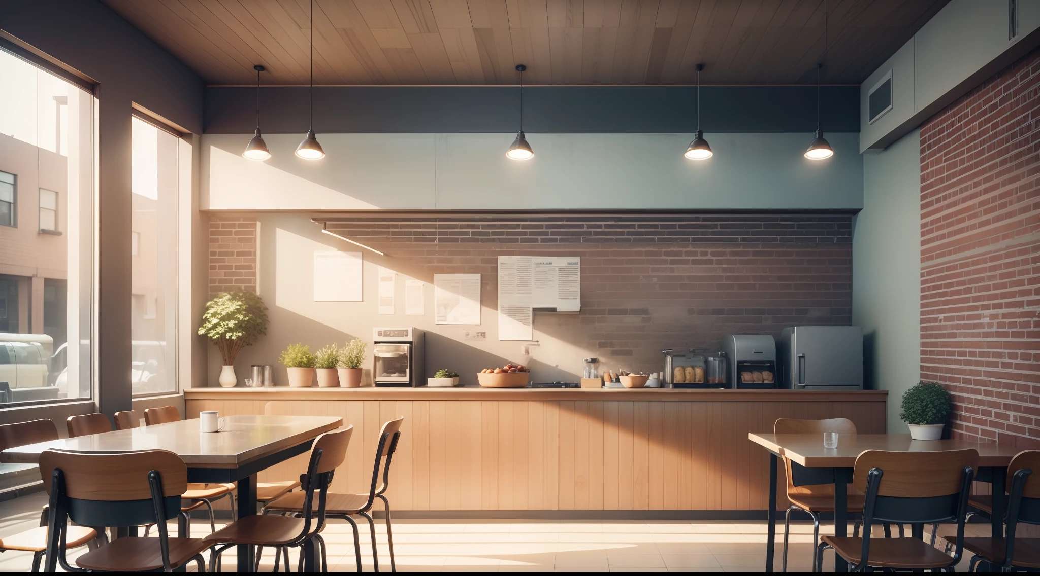 Cafeteria Design Architecture - Front view of the balcony and wall - Realistic - Straight counter - Brick wall - Retro style - Indoor environment