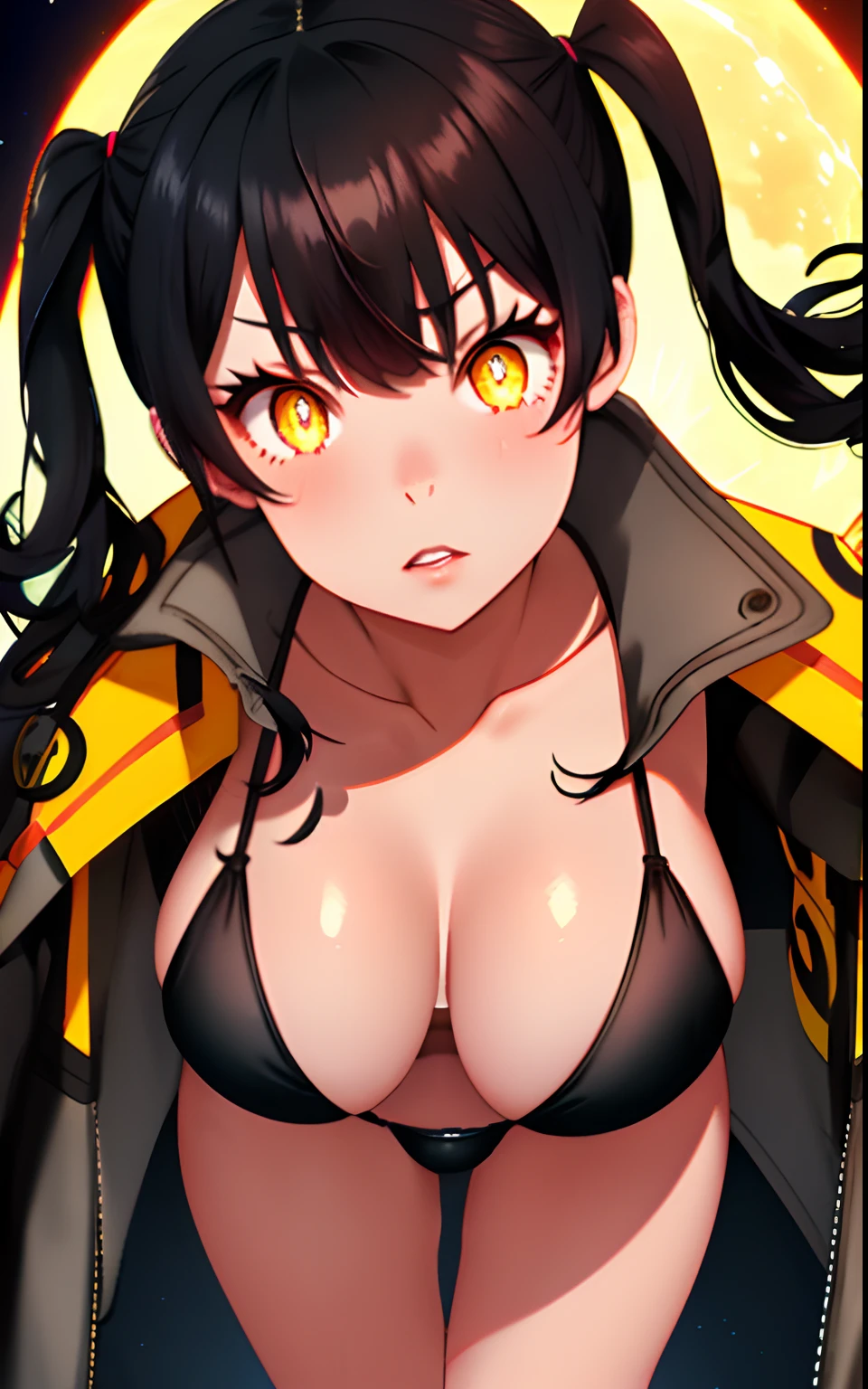 Tamaki \(fire force\), 1girl, bangs, black hair, colored tips, close up, yellow eyes, looking at viewer, long hair, moon, black hair, parted bangs, parted lips, black hair, portrait, red eyeliner, red lips, solo, bikini black, medium breast, full body, standing