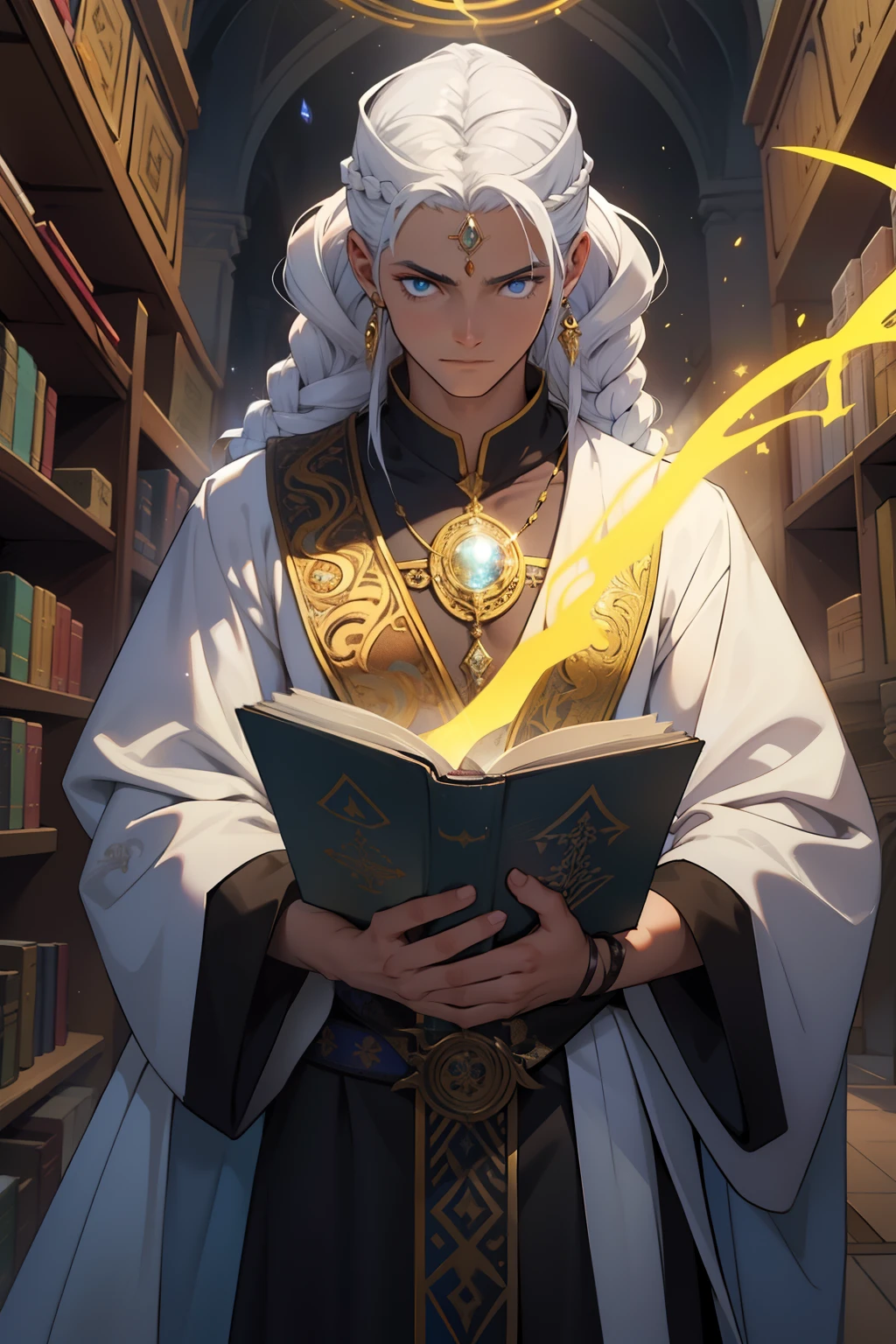 Imagine um jovem de 19 anos de idade, de baixa estatura e pele morena. Her hair is silvery white, braided and marked with mysterious symbols that glow with an arcanously pulsating energy. Ele veste roupas neutras e escuras, with a thin jacket adorned with intricately carved buttons, cada um representando um elemento da natureza. Ao seu redor, Two ancient and enchanted grimoires fly over, emanating an ethereal mist that envelops the young man, Revealing Your Connection to the Hidden Forces of the World. These ancestral books have used leather covers and pages covered with inscriptions in ancient and magical languages. in her hands, ele segura uma marionete de brinquedo exquisitamente esculpida em madeira escura, com fios de prata que brilham com uma aura incandescente. A marionete, um ser delicadamente articulado, It has sapphire eyes that seem to capture the essence of the young man's soul. Through his precise gestures, a marionete ganha vida, moving with a supernatural grace as the threads glow with a magical intensity. The young man's gaze is deep and penetrating, transmitindo sabedoria ancestral e um toque de melancolia. Ao fundo, a room full of magical artifacts and instruments, with shelves full of ancient scrolls and vials of potions, suggests that he is in his sanctuary, a place where magic is studied and practiced. A luz suave e difusa, of a crystal lamp suspended from the ceiling, ilumina sua figura e os detalhes intricados ao seu redor. No geral, The image captures the essence of a young wizard, cujas habilidades transcendentais e conhecimento profundo o colocam em contato com os segredos mais profundos do universo