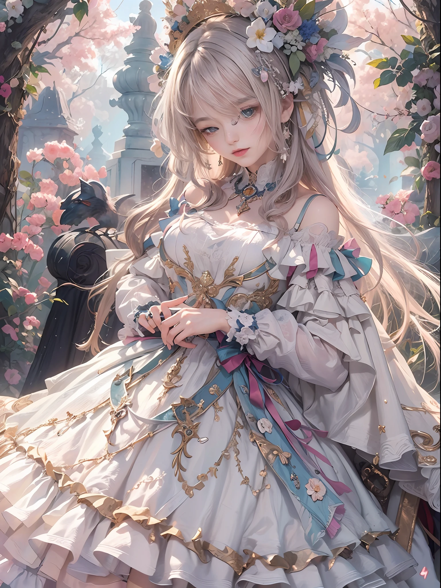 (​masterpiece、top-quality、top-quality、Detailed and complex、Official art、Beautifully Aesthetic:1.3)、(1girl in:1.3)、(Fractal Art:1.3)、colourfull、Vivid、Victorian costume