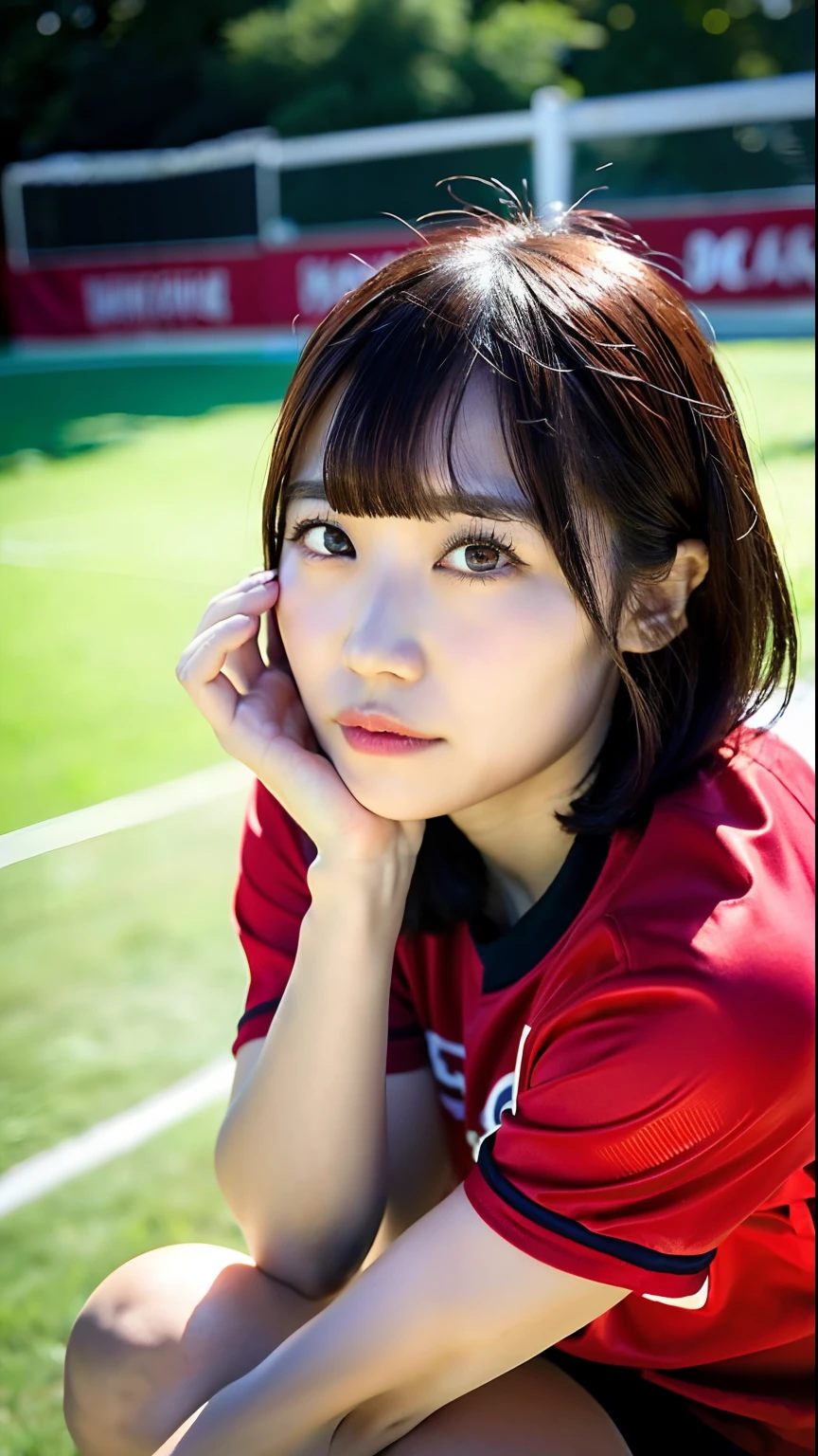 (top-quality、8K、32K、​masterpiece、nffsw:1.2)、Photo of a cute Japanese woman、Black short hair、beauitful face、(Slouched:1.3)、Playing volleyball、(From  above:1.2)、(a closeup:1.4)、Red Volleyball Uniform、G-cup big breasts、(beautiful nipple slips:0.9)、Volleyball Court、the wind、shinny skin、blurry backround、